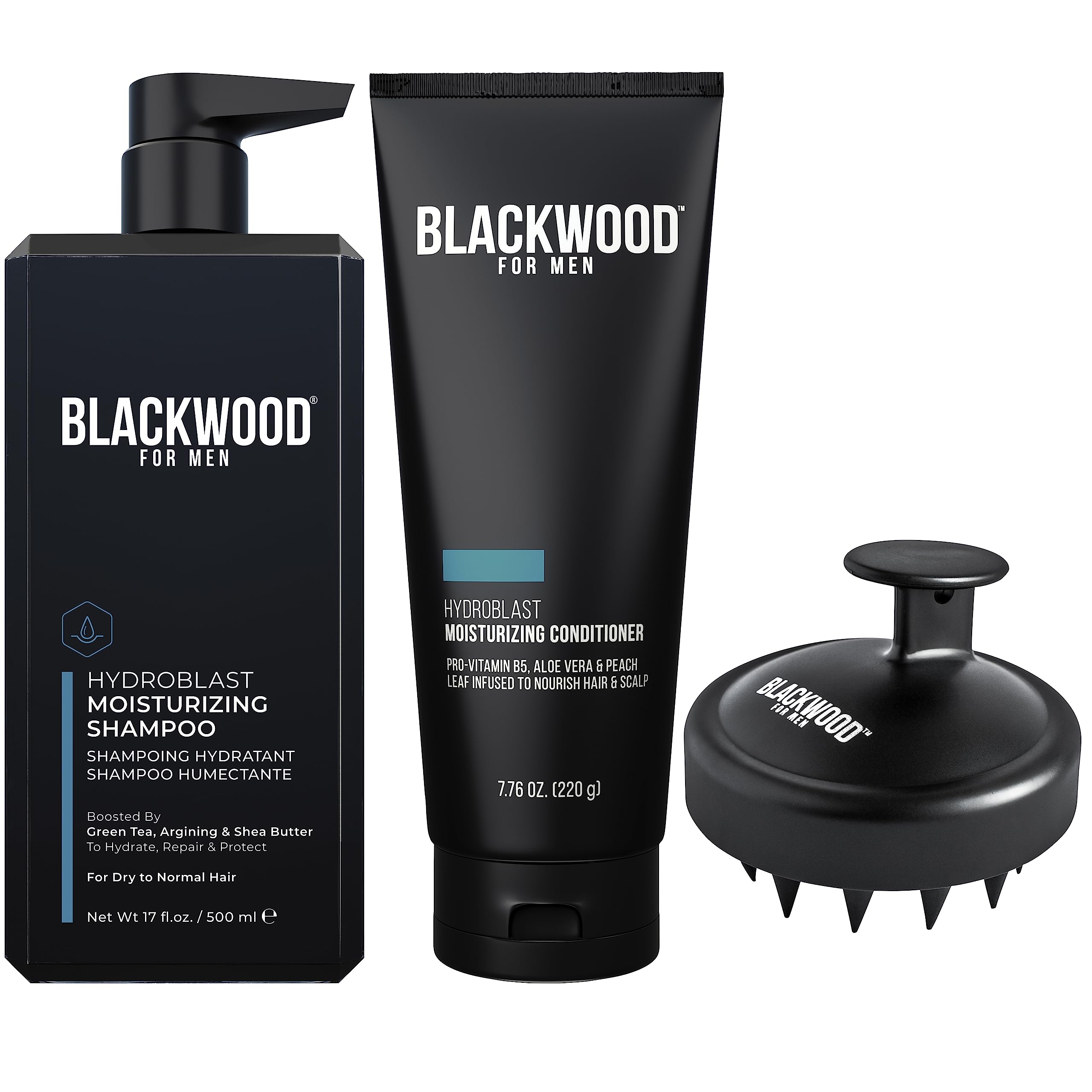 Blackwood For Men Hair Care Bundle - Hydroblast Moisturizing Shampoo (17 oz) & Conditioner (4.59 oz) with Scalp Massager | Hydrating Hair Treatment for Dry Scalp & Damaged Hair | Perfect for Daily Shower & Salon-Quality Results at Home