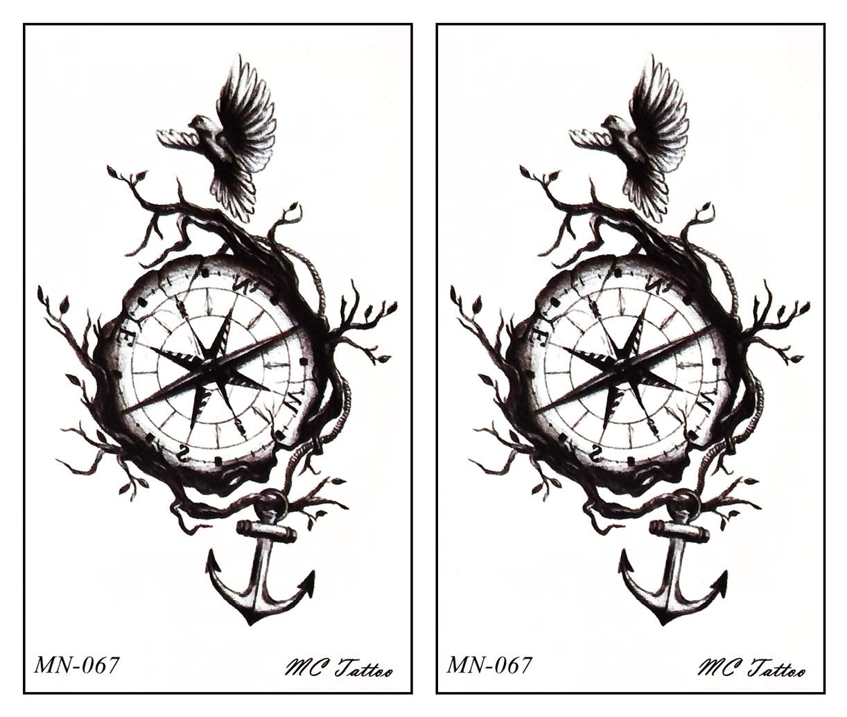 Waterproof Temporary Fake Tattoos for Adults & Kids - 2 Sheets with Bird, Anchor, Compass & Watch Designs - Body Art Stickers for Men & Women | Perfect for Parties, Festivals & Costume Makeup (10 Pack)
