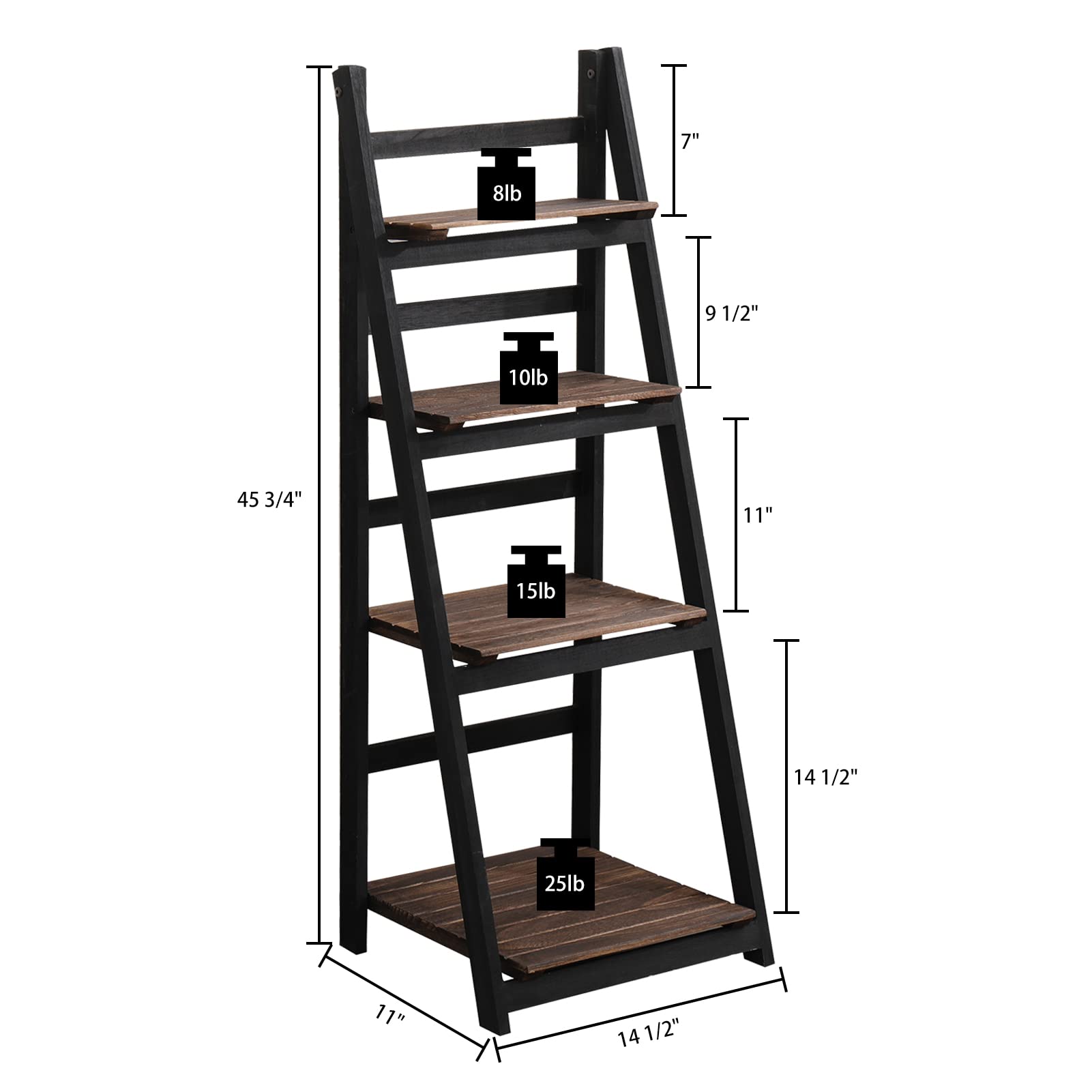 ECOMEX 4-Tier Wooden Ladder Shelf - Foldable Plant Stand with Open Storage, Space-Saving Organizer for Home, Office & Balcony (Black/Brown, No Assembly Required) | Perfect for Displaying Plants, Books & Decorative Items in Small Spaces