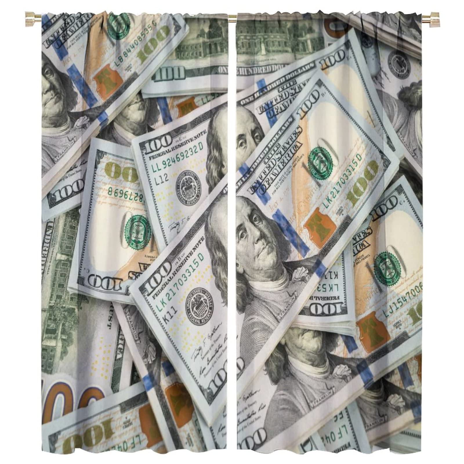 Funny Money Kitchen Curtains - Vintage US Dollar Bill Print Window Drapes - 100 Dollar Bills Design Bathroom Curtains - Green & Grey Home Décor (55x63 inches) - Perfect for Kitchen, Bathroom, and Themed Party Decorations