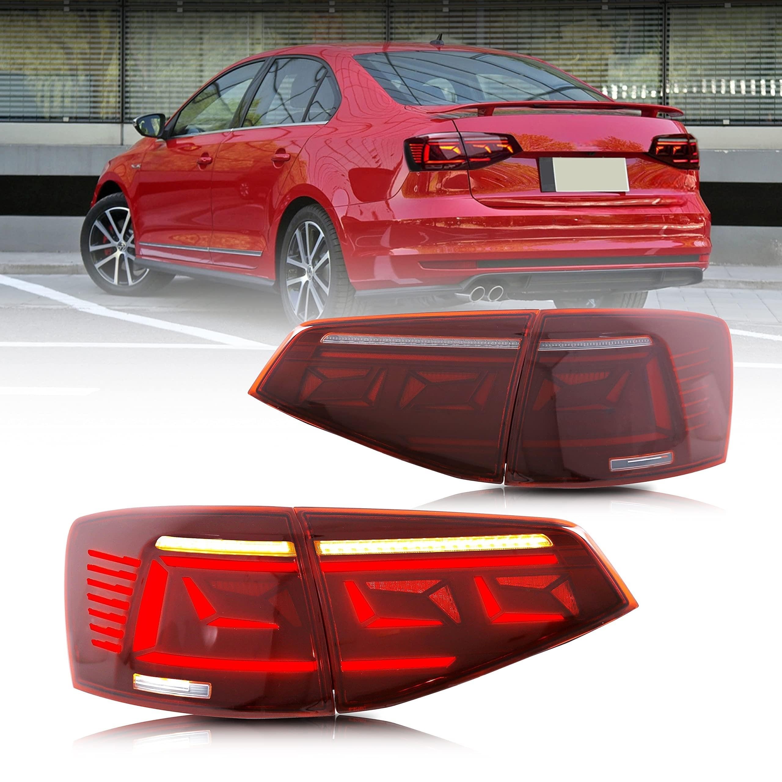 2015-2018 Volkswagen Jetta LED Tail Lights with Startup Animation & Sequential Turn Signals - Red Rear Lamp Assembly for Enhanced Visibility & Style