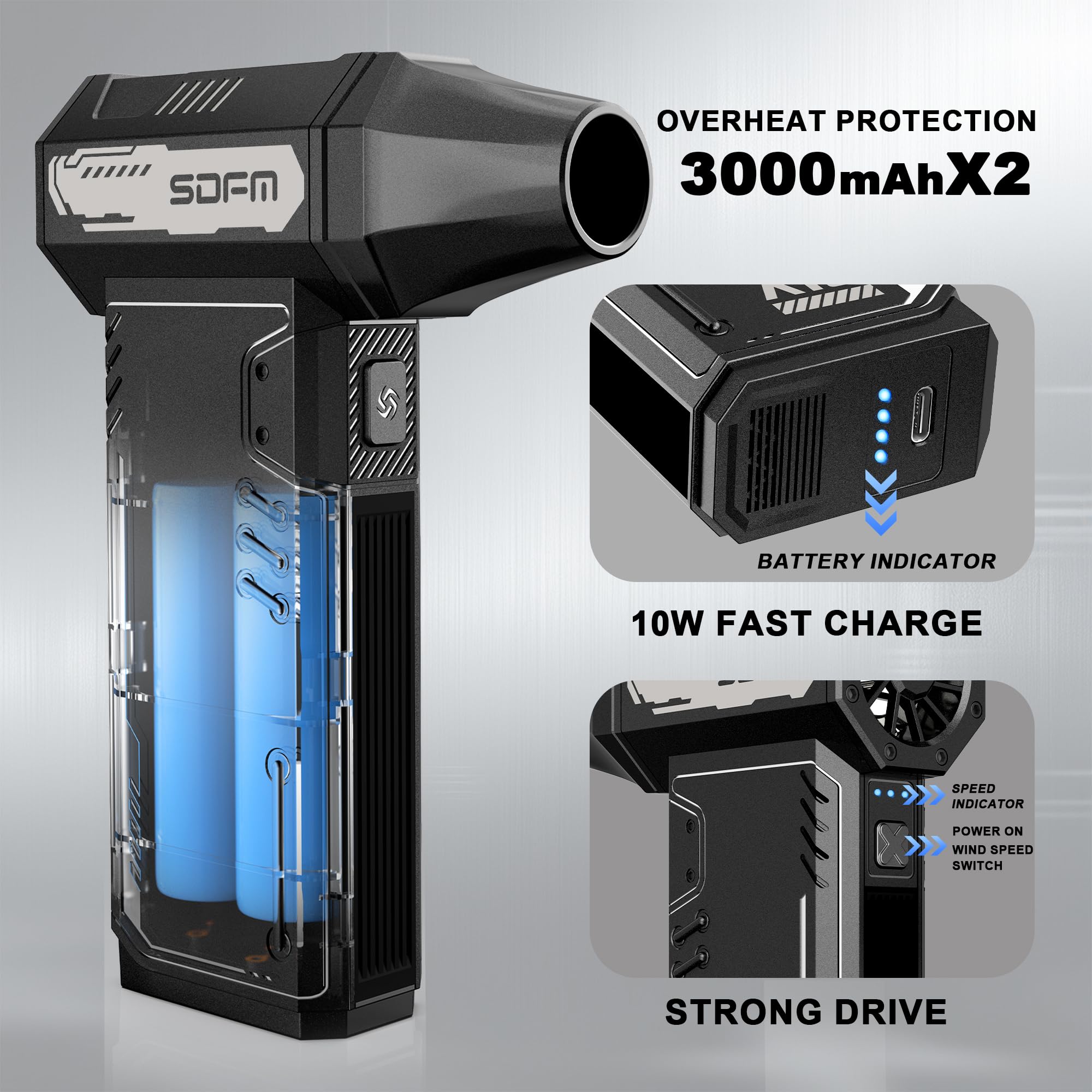SDFM Electric Air Duster - 180,000 RPM High-Speed Compressed Air Blower with Brushless Motor, 3-Speed Adjustable - Perfect for Keyboard Cleaning, PC Maintenance, Car Detailing, Air Bed Inflation & Home Dusting (Black, Model X15) | Ideal for Electronics, Office Equipment & Household Cleaning Tasks