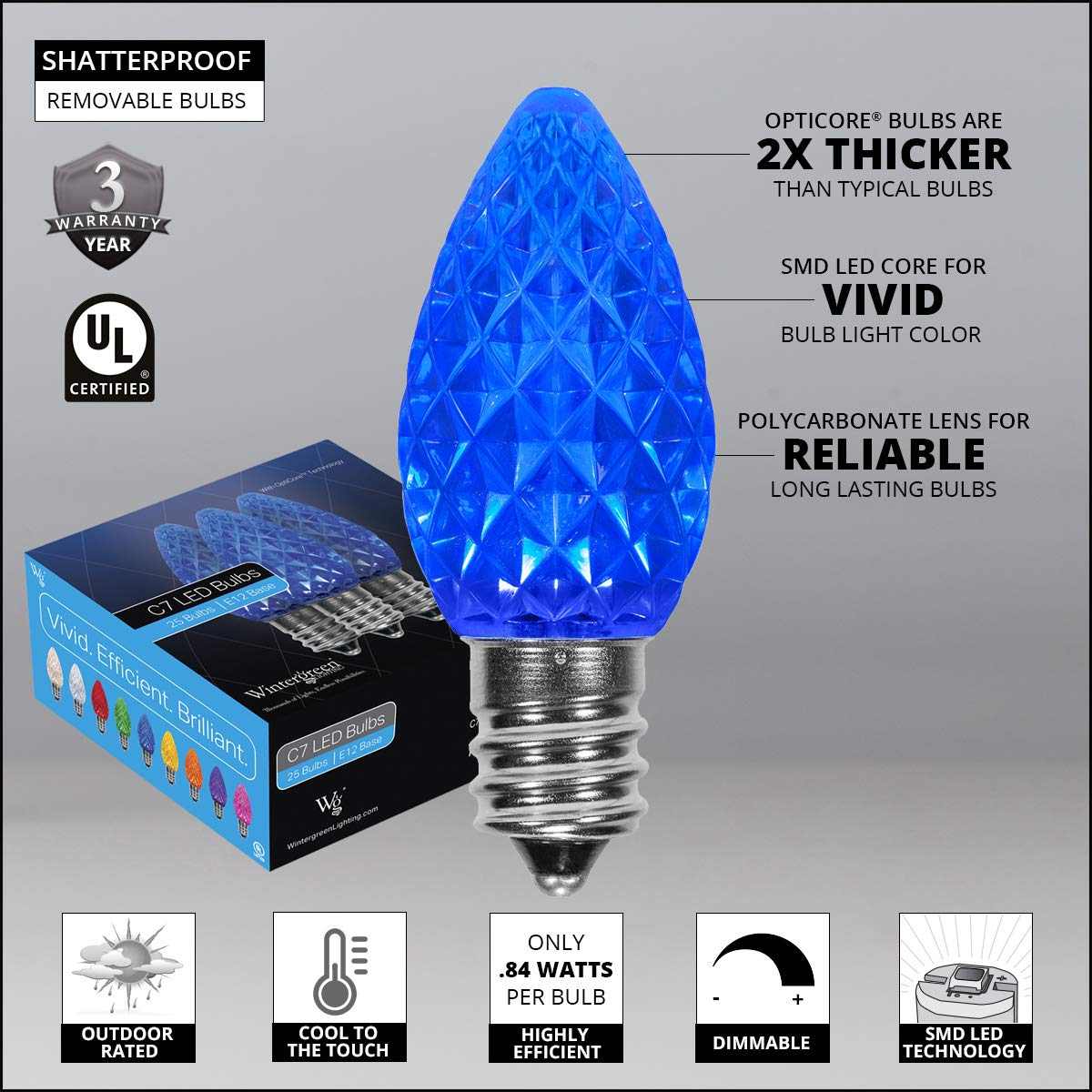 50’ OptiCore LED C7 Blue Christmas Pathway Lights - Outdoor Waterproof Landscape Lighting with 4.5” Stakes & Green Wire - Perfect for Holiday Decorations, Garden Walkways, and Patio Lighting