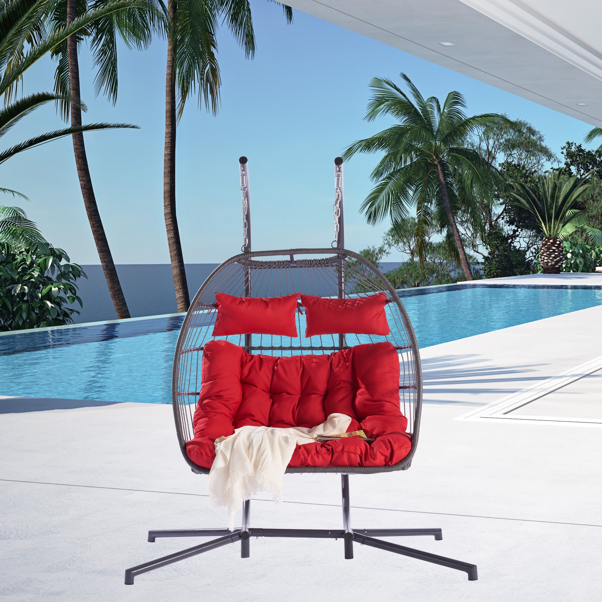 2 Person Outdoor Rattan Hanging Chair - Patio Wicker Egg Chair for Backyard, Garden, or Balcony Relaxation