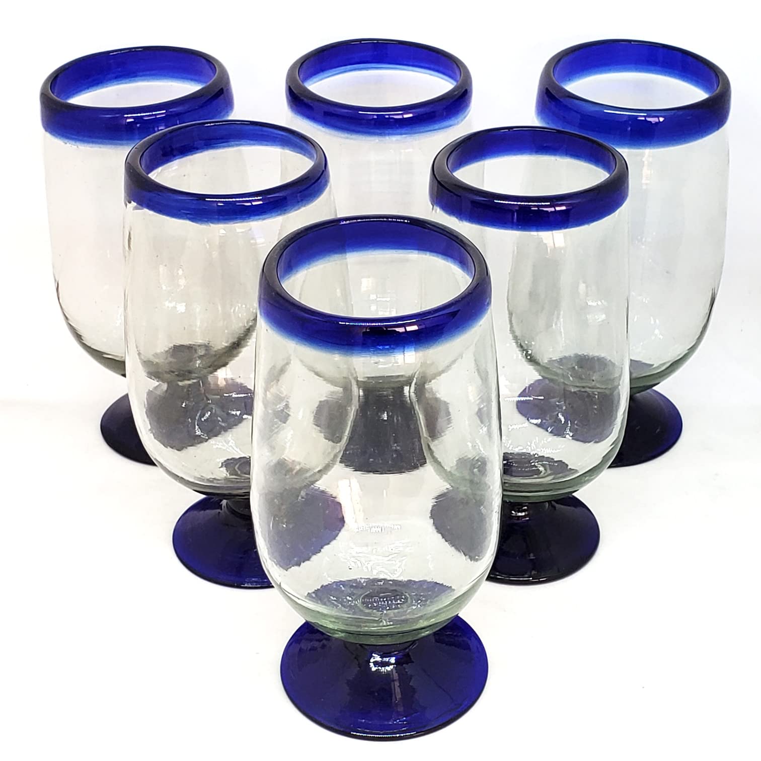 Elegant Cobalt Blue Rim 17 oz Tall Water Goblets Set of 6 - Recycled Lead-Free Glass Cups for Wine, Juice & Cocktails - Perfect for Dinner Parties, Weddings & Home Decor