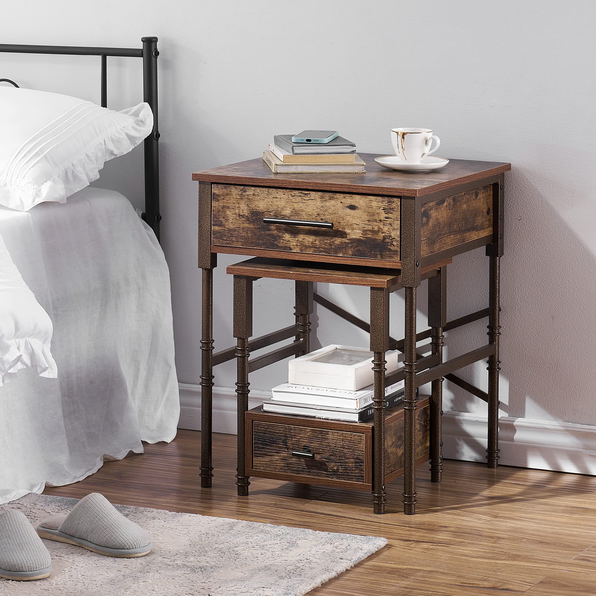 VECELO 2-Pack Nested End/Side Tables with Drawer - Rustic Brown Nightstands for Bedroom, Living Room, Office - Sturdy Metal Frame, Easy Assembly & Storage - Perfect for Small Spaces, Guest Rooms & Apartments
