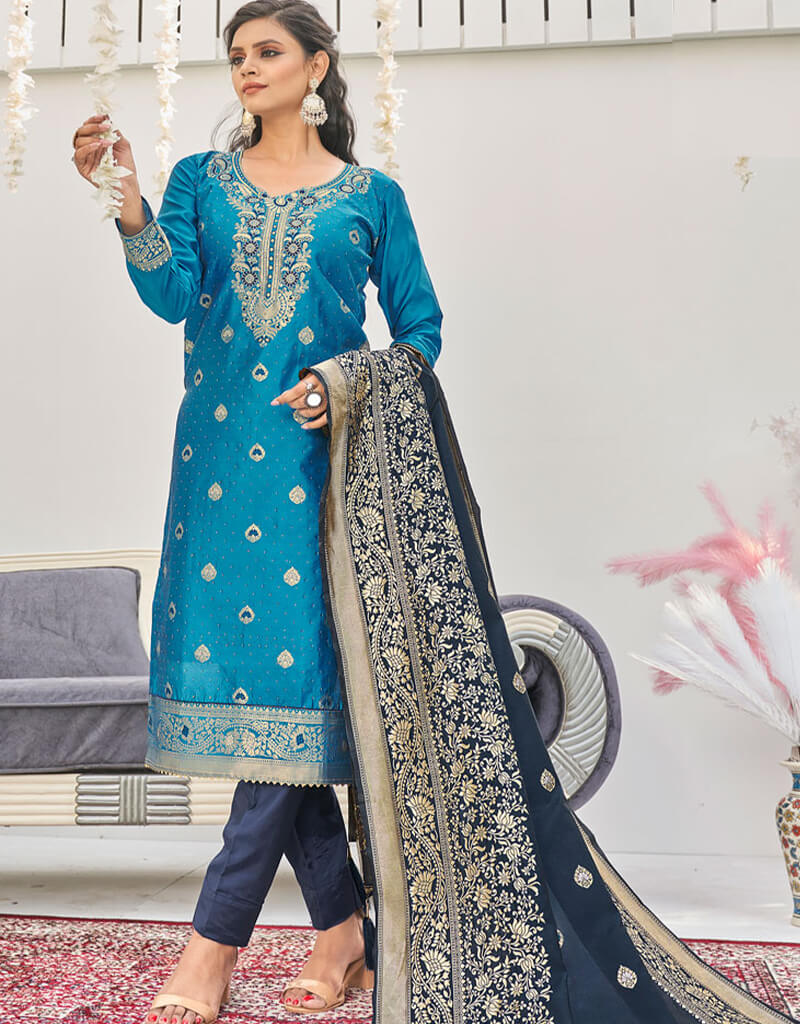 Banarasi Jacquard Firozi Salwar Kameez Suit with Pant Bottom - Traditional Indian Ethnic Wear for Women - Perfect for Weddings, Festivals & Special Occasions