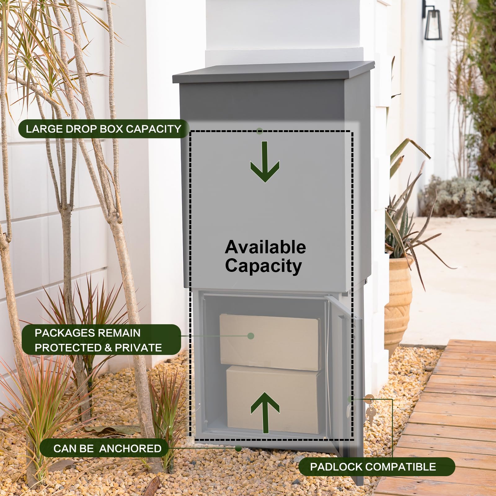 Large Galvanized Steel Package Delivery Box - Secure Locking Parcel Drop Box for Outside, Porch, Floor or Wall Mount (13.4
