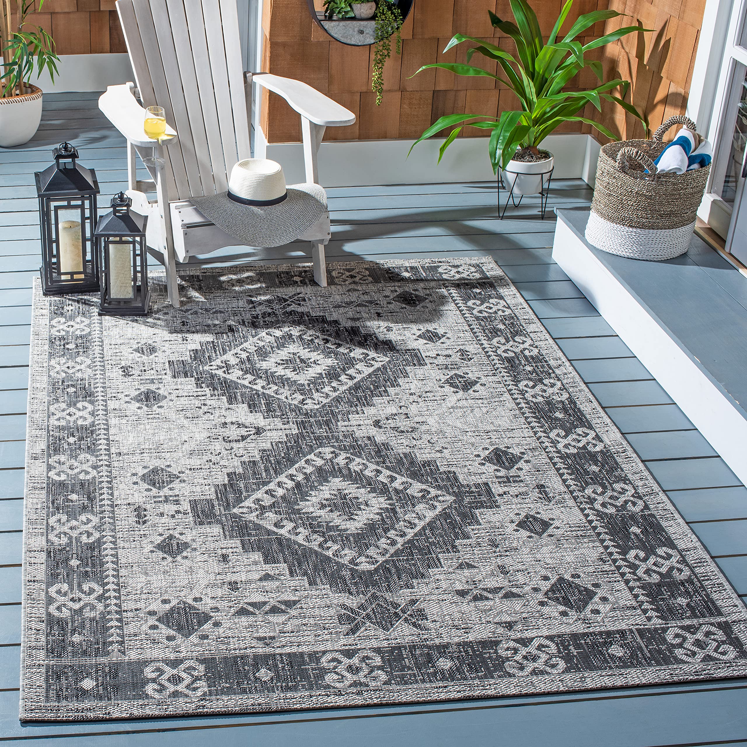 SAFAVIEH Courtyard Collection 8' x 10' Light Grey/Charbon Area Rug - Indoor/Outdoor Waterproof, Easy to Clean, Non-Slip - Perfect for Patio, Backyard, Mudroom & High-Traffic Areas