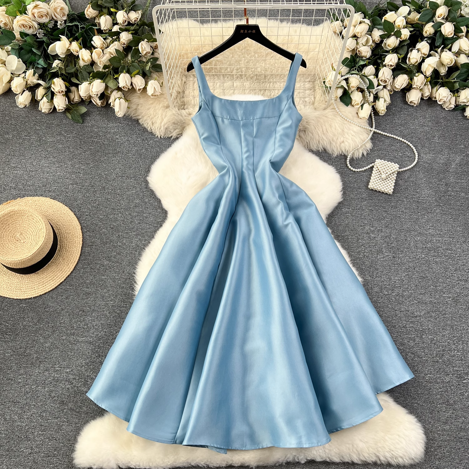 French Square Neck Midi Sleeveless Dress - Elegant Summer Flowy Dress for Women, Perfect for Beach Vacations, Weddings & Date Nights
