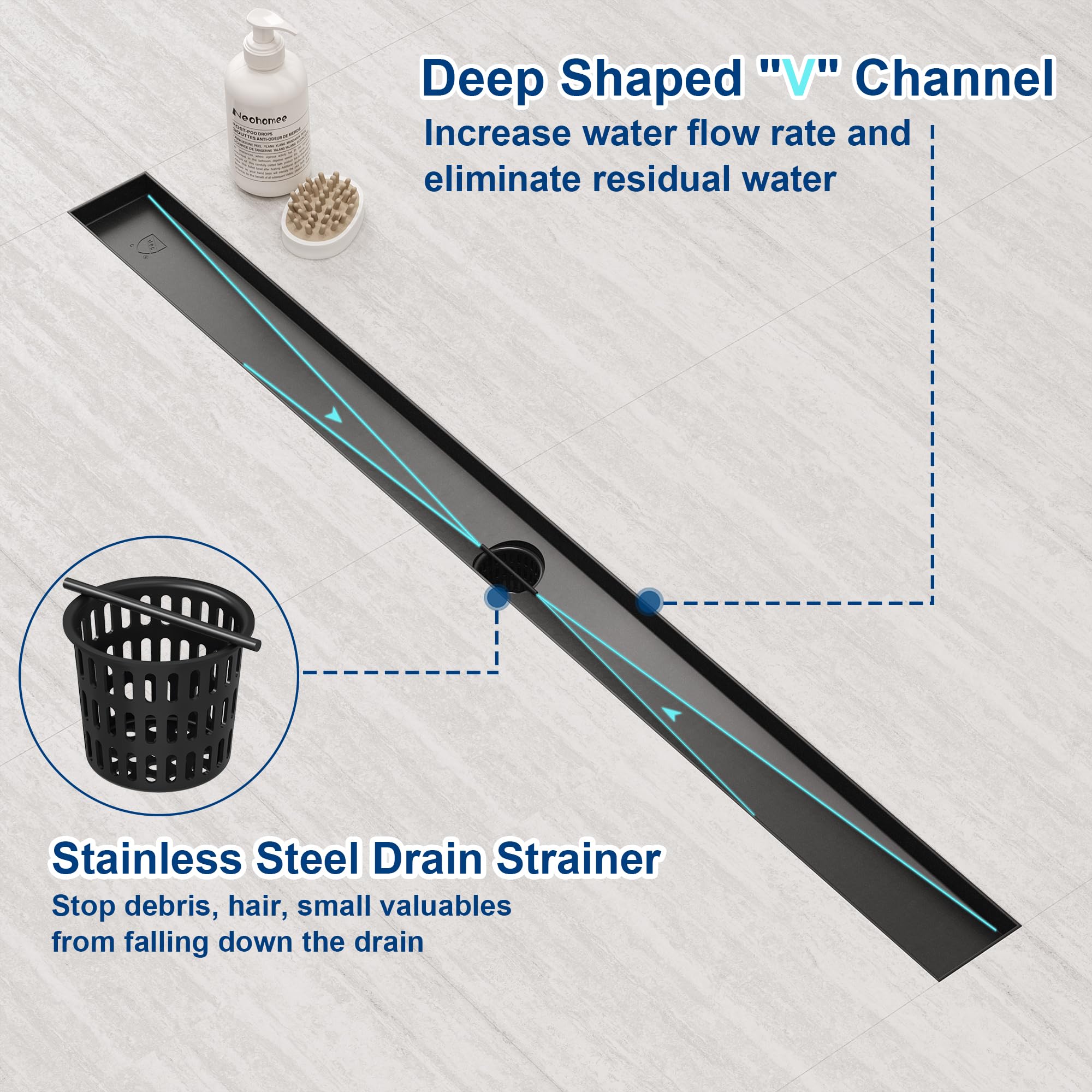 Neodrain 36-Inch Linear Shower Drain - Glossy Black Stainless Steel with 2-in-1 Flat & Tile Insert Cover, Adjustable Leveling Feet & Hair Strainer - CUPC Certified for Bathroom Remodeling & Modern Shower Installation