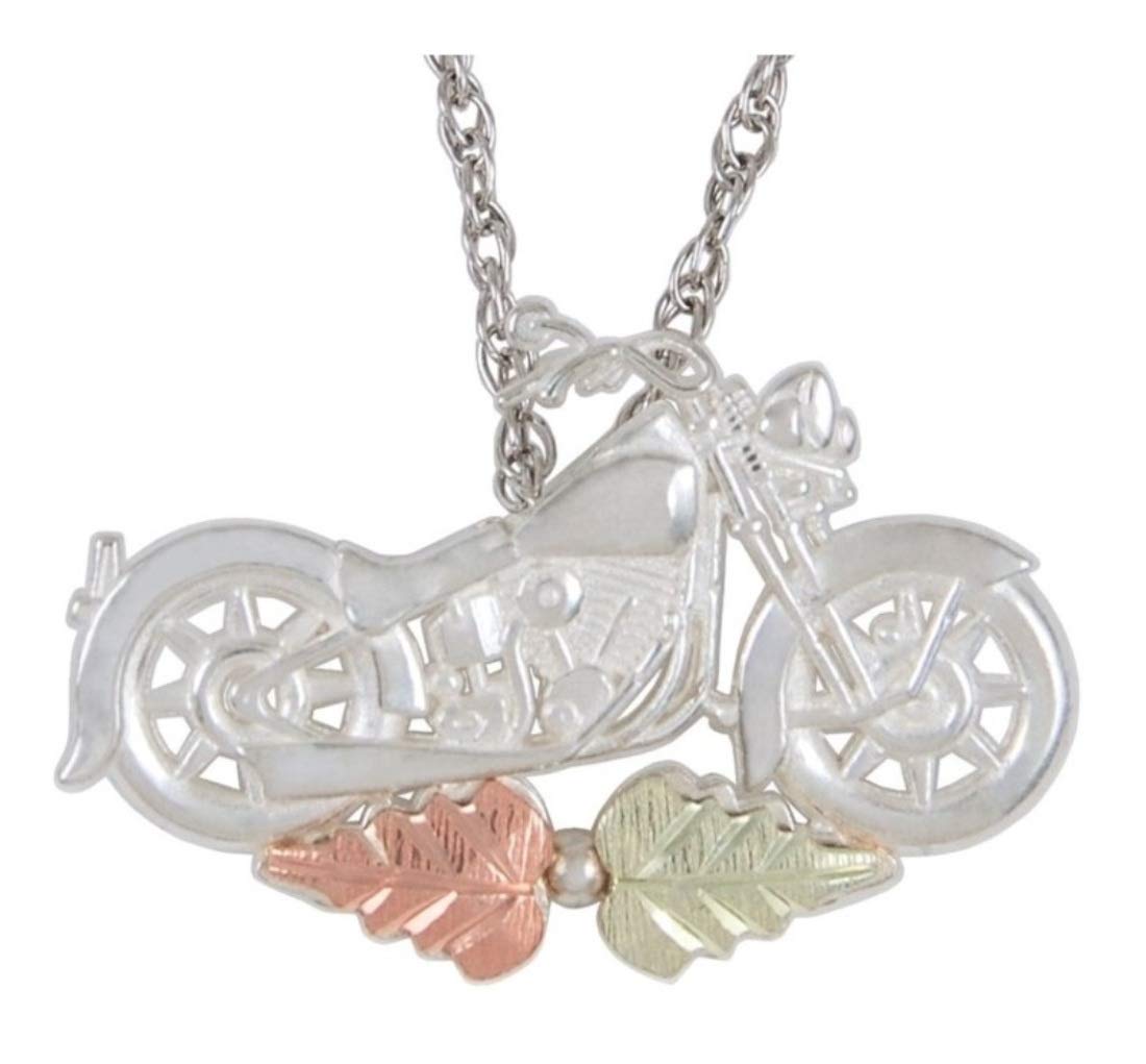Sterling Silver Motorcycle Pendant Necklace with 12k Green & Rose Gold Black Hills - Perfect for Biker Gifts, Motorcycle Enthusiasts & Jewelry Lovers