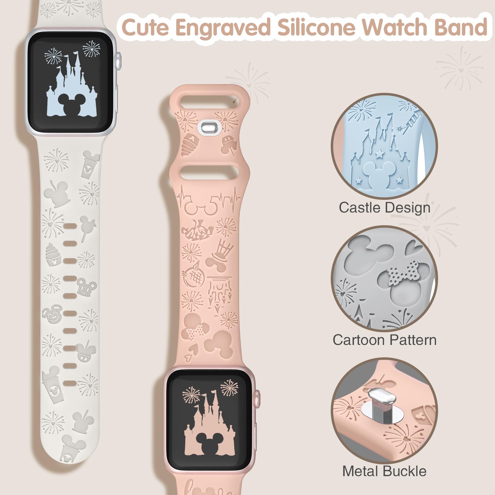 3 Pack Cute Cartoon Engraved Apple Watch Bands - Soft Silicone Wristbands Compatible with iWatch Series 8/7/6/SE/5/4/3/2/1/Ultra (40mm 44mm 41mm 38mm 45mm 42mm 49mm) - Trendy Women's Accessories for Workout, Office & Daily Wear