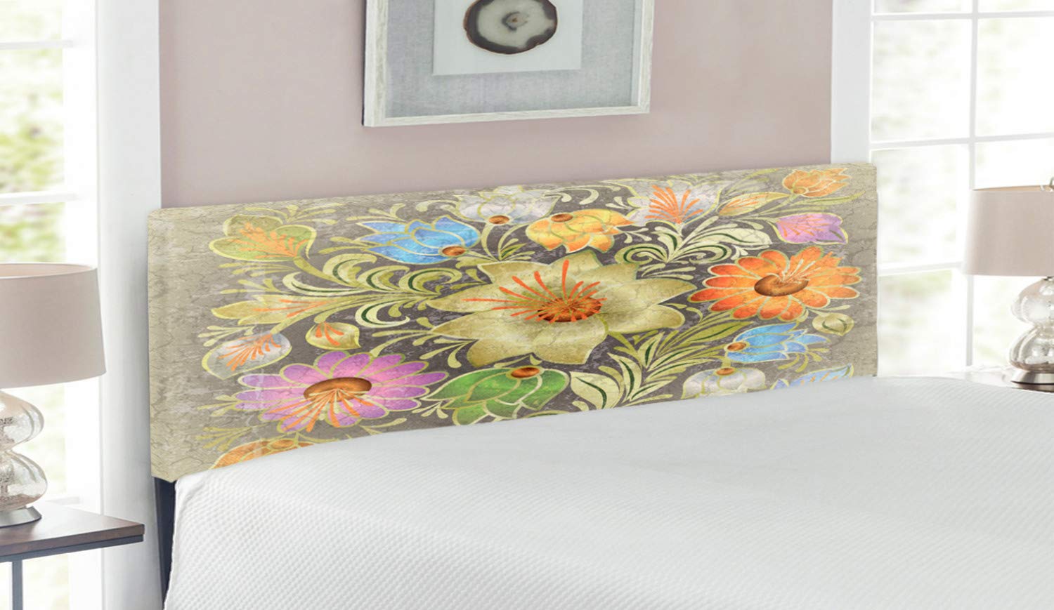 Ambesonne Grunge Upholstered Headboard - Ornate Aged Floral Bohemian Design with Memory Foam, Queen Size Metal Bed Frame Headboard for Bedroom Decor (Multicolor) | Perfect for Vintage & Bohemian Style Bedrooms, Guest Rooms & Master Suites