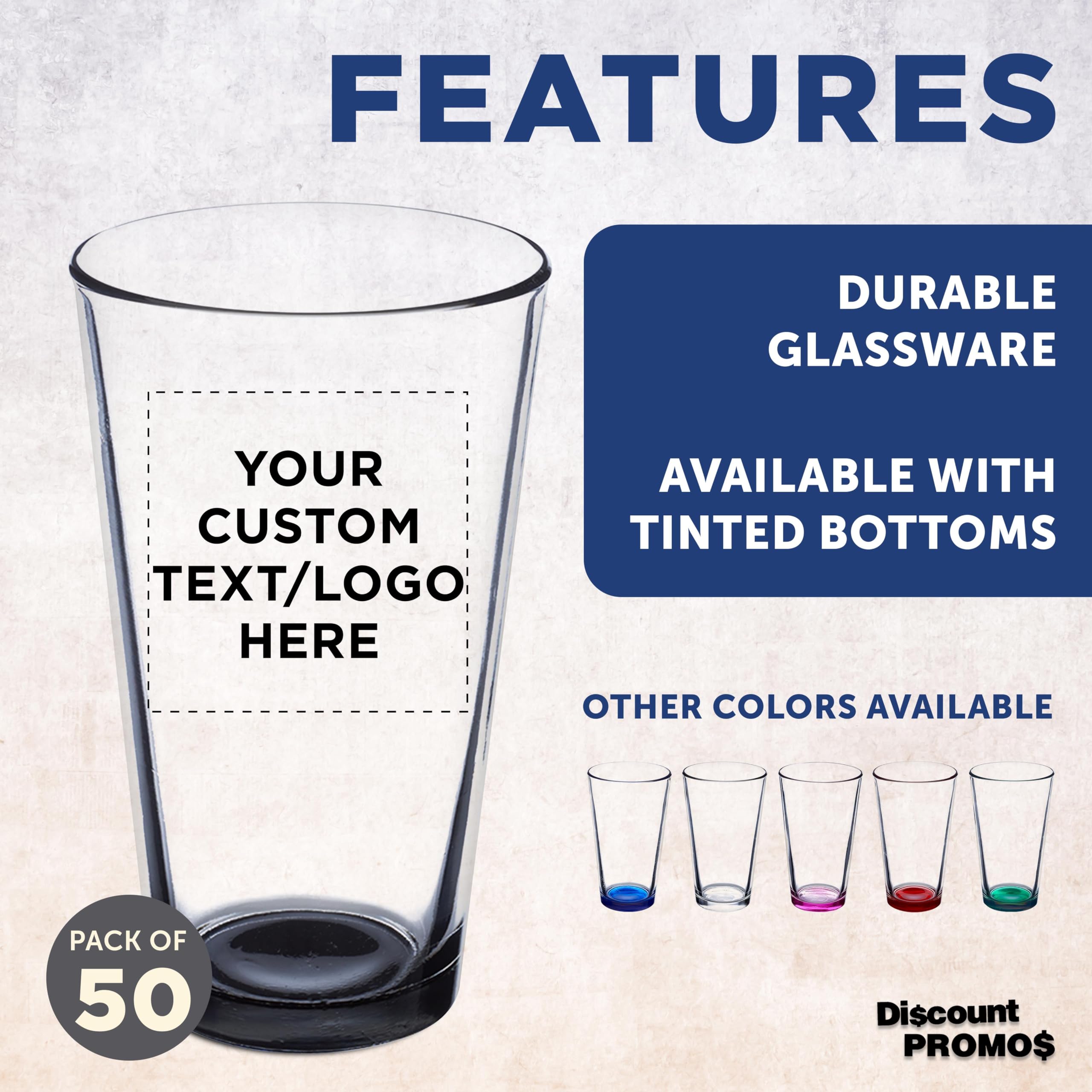 Custom 16 oz Beer Pint Glasses - Bulk Set of 50 Personalized Bar Glasses with Thick Base & Walls | Heavy Duty Stackable Glassware for Restaurants, Bars & Home Use | Perfect for Commercial Establishments, Parties & Gifts