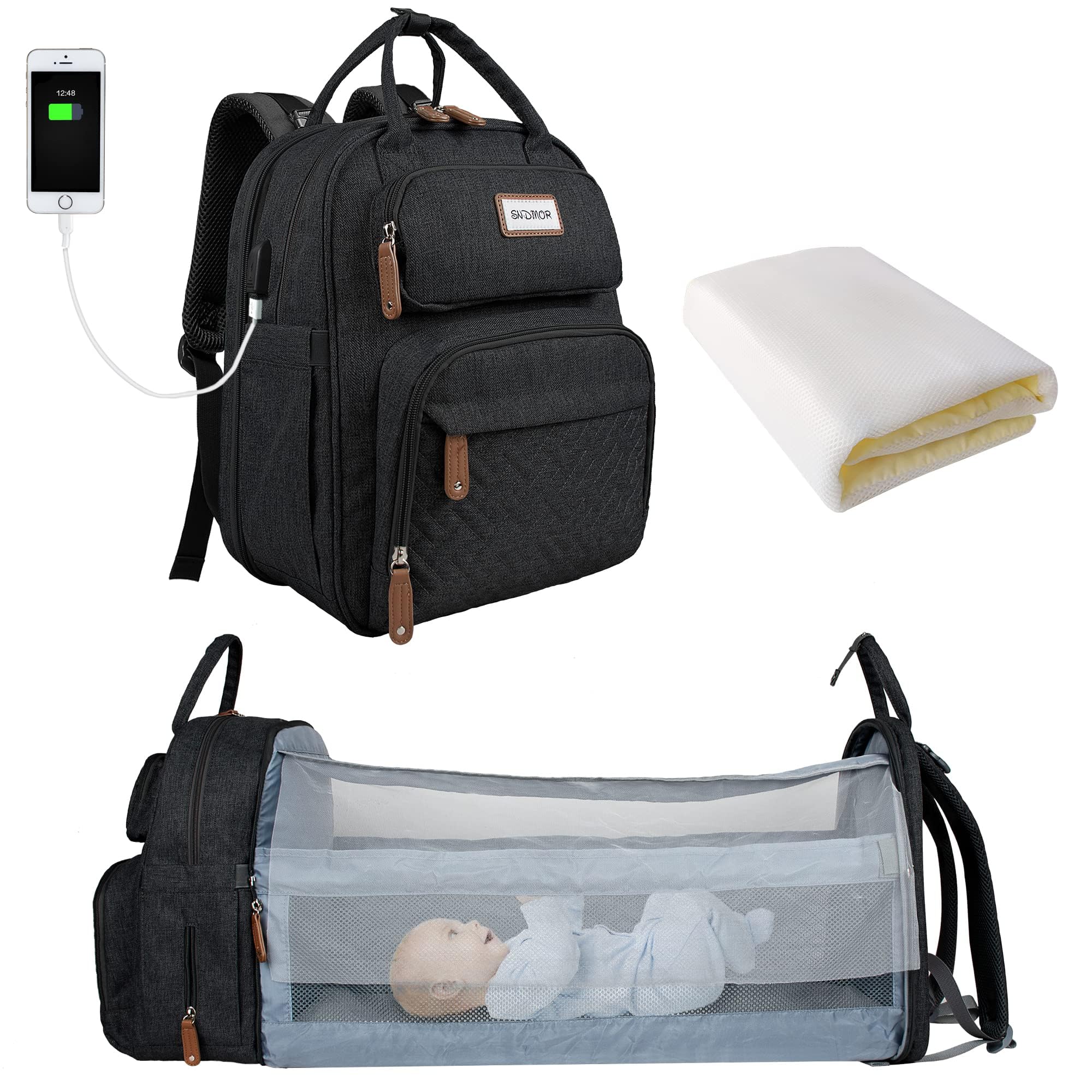 SNDMOR Large Baby Diaper Backpack - Waterproof Travel Diaper Bag with Foldable Changing Pad & Multiple Pockets, Stylish Black Diaper Bag for Moms - Perfect for Daycare, Outings & Family Trips