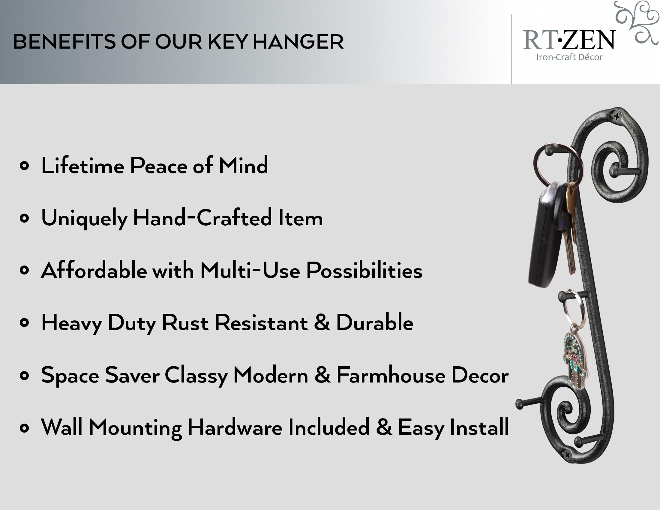 RTZEN Farmhouse Wall Key Holder - Handcrafted Wrought Iron Key Hooks with Swirl Design - 5-Hook Vertical Black Entryway Organizer for Keys, Coats, Purses & Dog Leashes | Perfect for Home, Office & Mudroom Organization