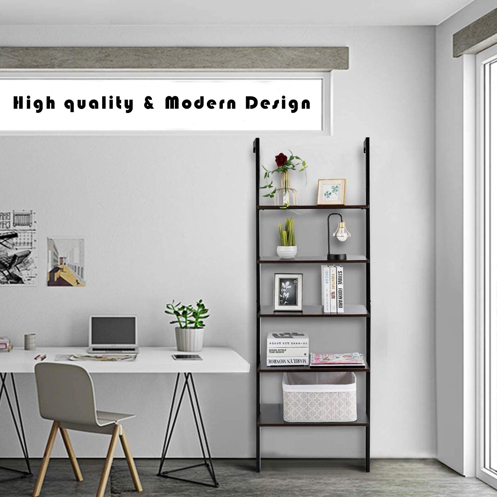 5-Tier Wooden Bookshelf Ladder - Modern Tall Black Wall Shelf for Books & Decor | Space-Saving Bookcase Organizer for Living Room, Bedroom, Home Office & Study