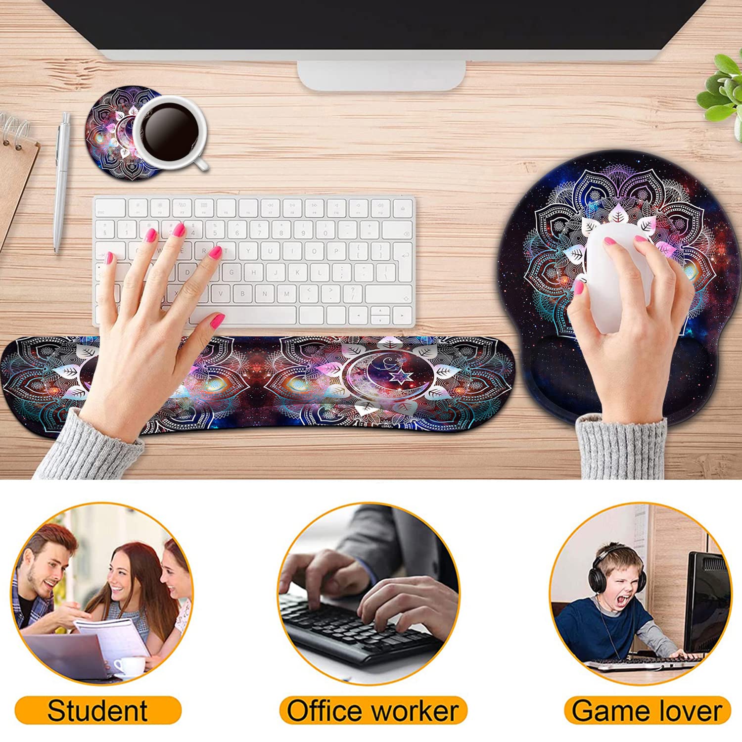 Ergonomic Keyboard Wrist Rest & Mouse Pad Set with Memory Foam - Comfortable Gel Support for Pain Relief During Typing & Gaming (Starry Sky Mandala Design) - Perfect for Office, Home & Gaming Setup