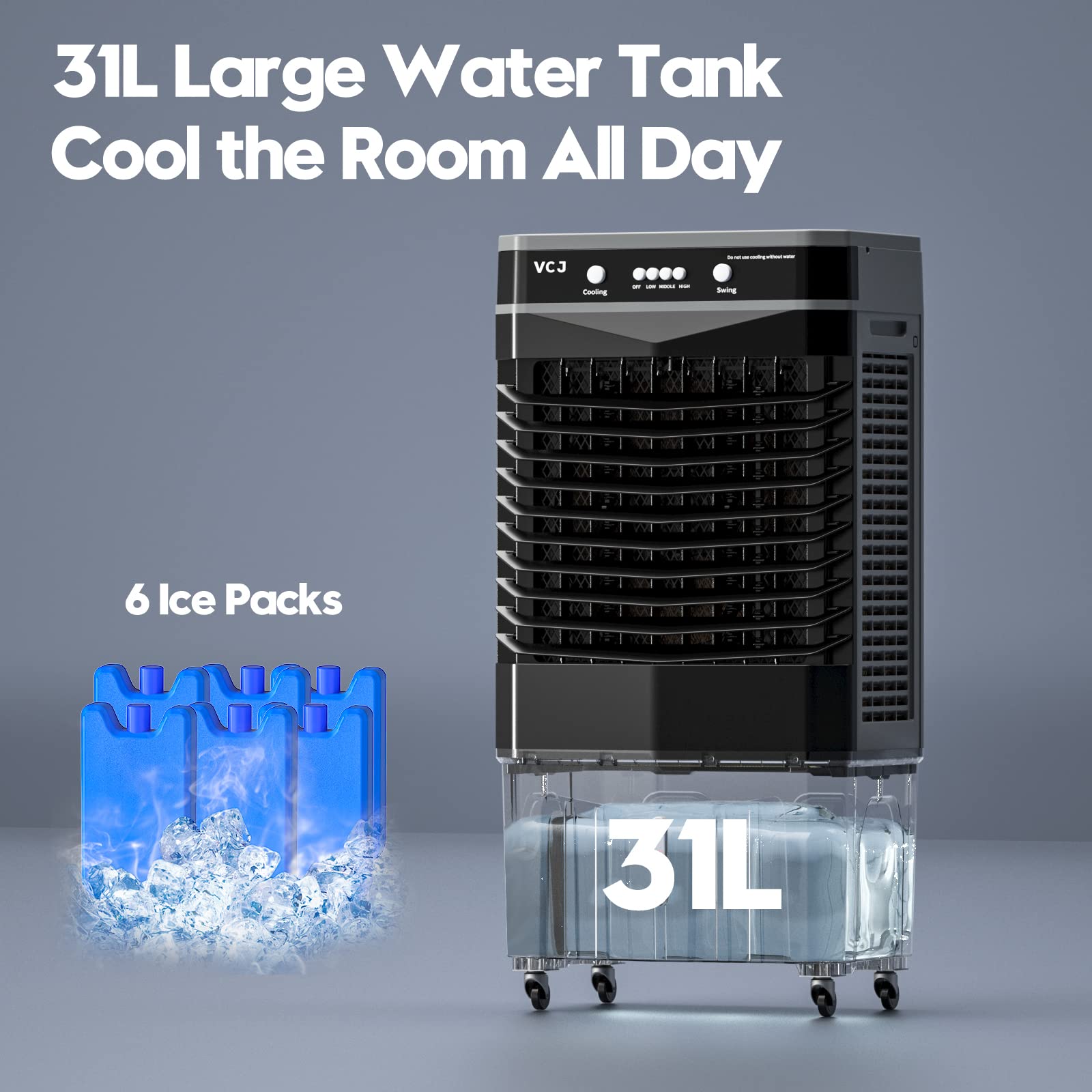 Portable Evaporative Air Cooler - 3-in-1 Cooling Fan with 6 Ice Crystal Boxes, Large Water Tank & Wheels | 3-Speed Modes for Home, Office, Bedroom, Patio & Outdoor Use | Energy Efficient Personal Space Cooler