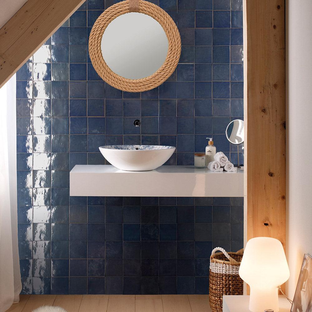 Premium Manara Clay Meknes Marine Blue 100x100 Zellige Gloss Tile - Authentic Moroccan Handmade Ceramic Wall & Floor Tiles for Bathroom, Kitchen Backsplash, and Poolside Decor