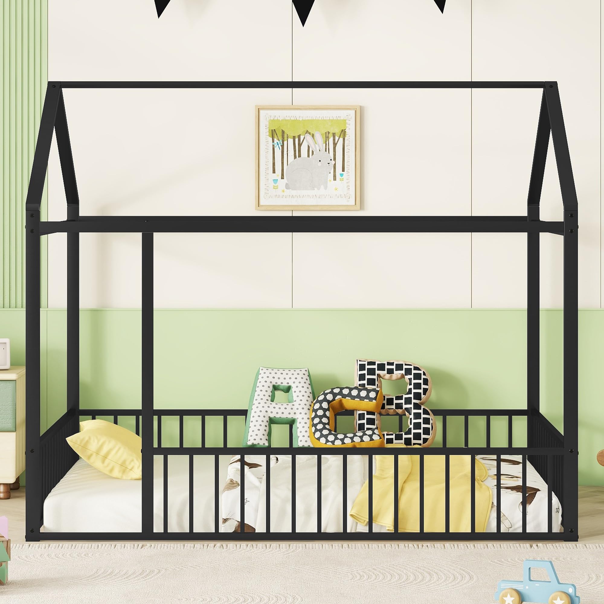 Montessori Floor Bed for Kids - Full Size Metal House Bed Frame with Safety Fence, Black Playhouse Toddler Bed for Boys & Girls - Perfect for Montessori Bedrooms, Playrooms & Safe Sleep Spaces
