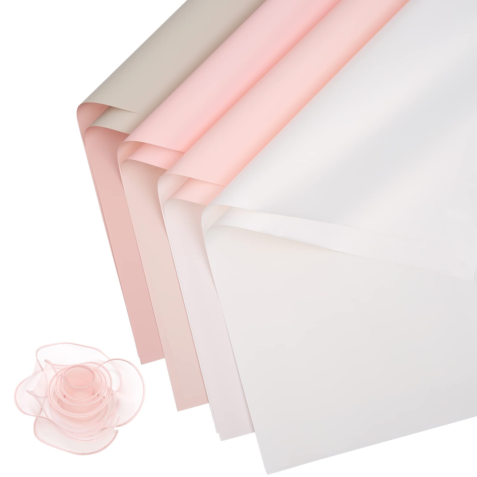 HYSSINOWRAP 40 Sheets Double Sided Gift Wrapping Paper Set - 4 Vibrant Colors, 23.6x23.6 Inch Square Sheets for DIY Crafts, Flower Packaging, Birthday & Christmas Presents - Includes Random Ribbon (Pink Series)