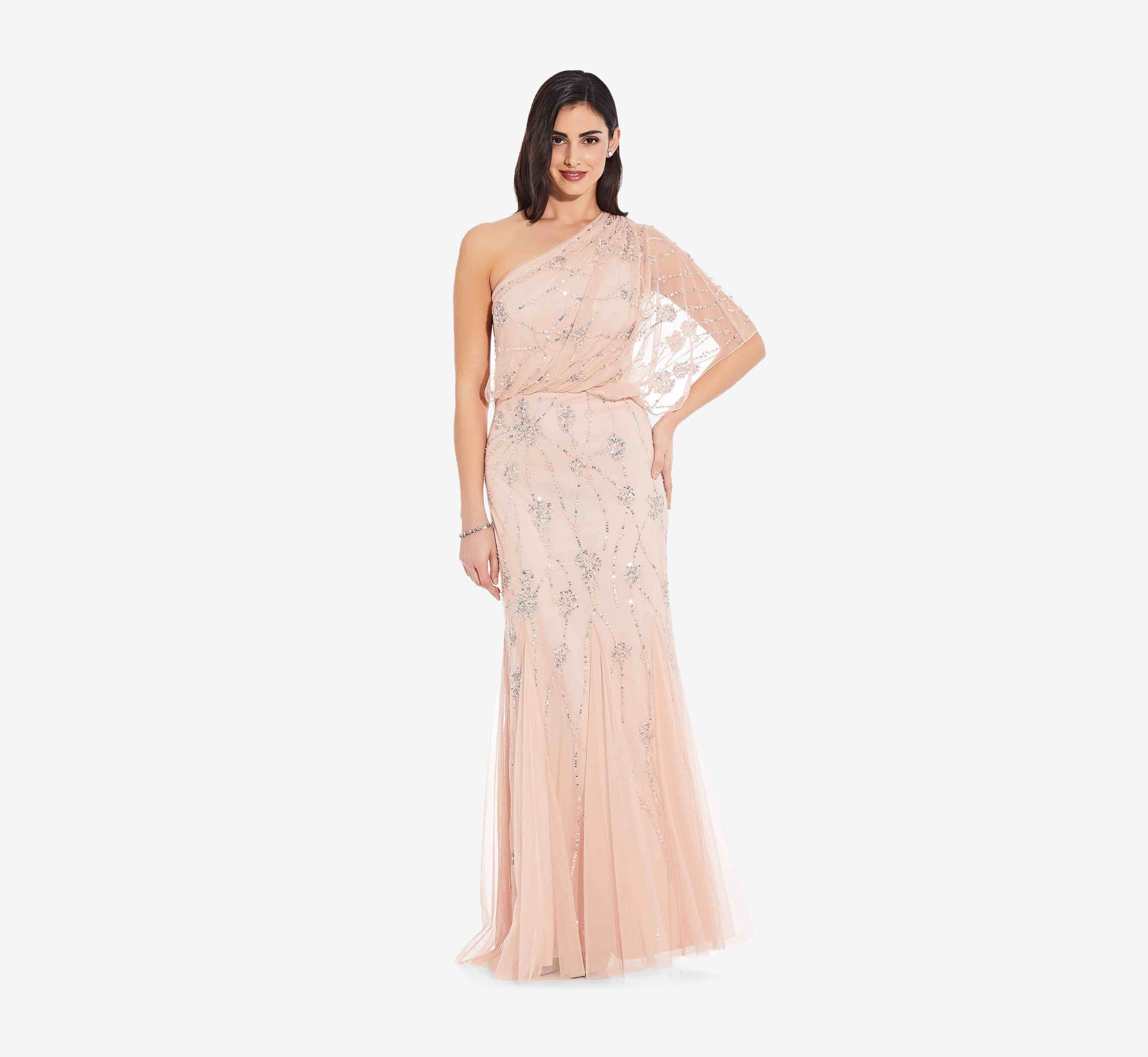 Adrianna Papell One Shoulder Beaded Gown - Elegant Blush Evening Dress for Prom, Wedding & Formal Events