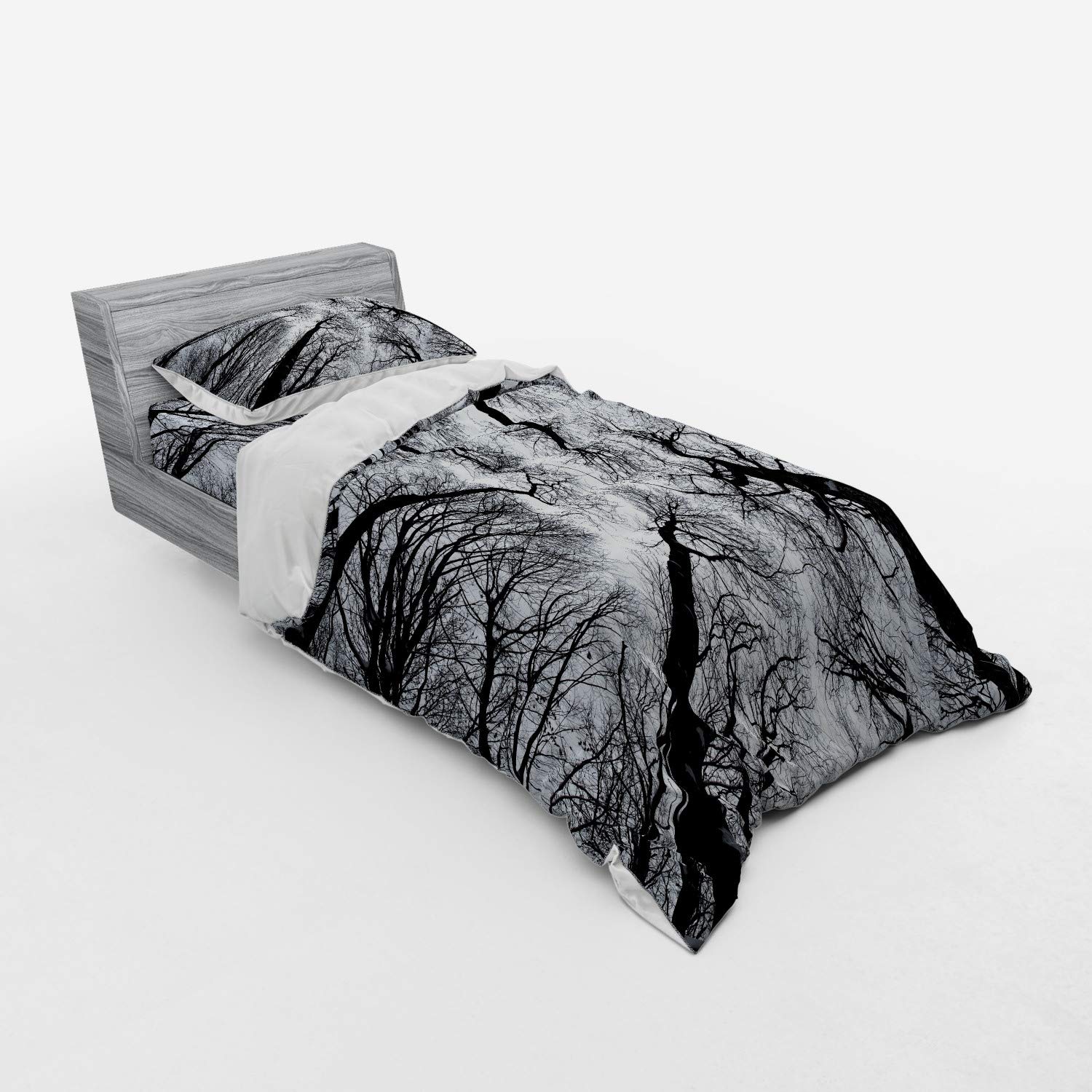 Ambesonne Forest Bedding Set - Dark Winter Tree Silhouettes Duvet Cover with Sham & Fitted Sheet, Twin XL Size, Black & Grey | Enchanted Nature Themed Bedroom Decor for Cozy Cabin Retreats
