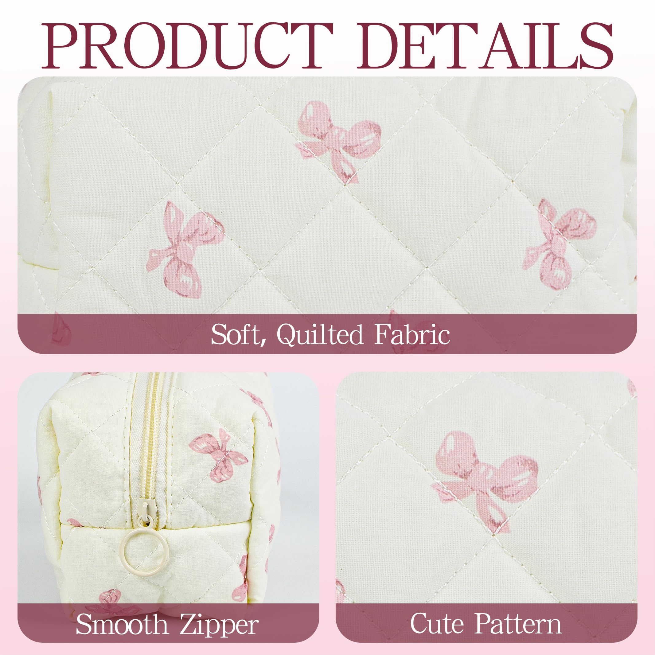 Quilted Makeup Pouch for Women - Cotton Puffy Cosmetic Bag with Cute Flower Design, Aesthetic Organizer for Travel Toiletry | Perfect for Girls' Travel, Daily Makeup Storage & Gift Giving