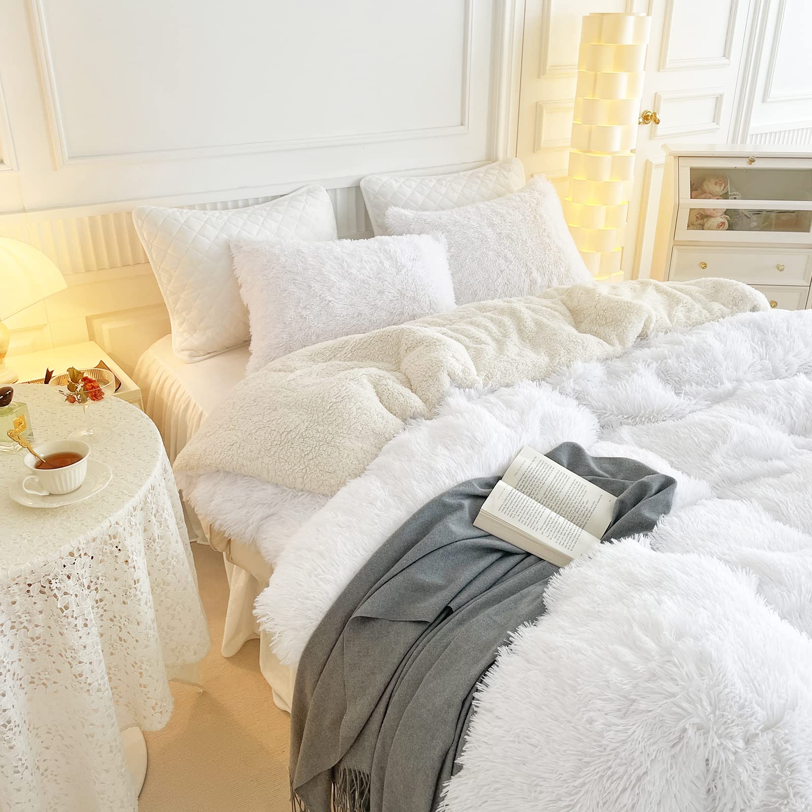 UOZZI BEDDING Faux Fur Comforter Set Queen 3-Piece - Ultra Soft Shaggy Comforter with 2 Pillowcases - Luxury Plush Winter Duvet Cover - Easy Care & Machine Washable - Perfect for Cold Weather & Cozy Bedroom Decor (Pure White, Twin Size)