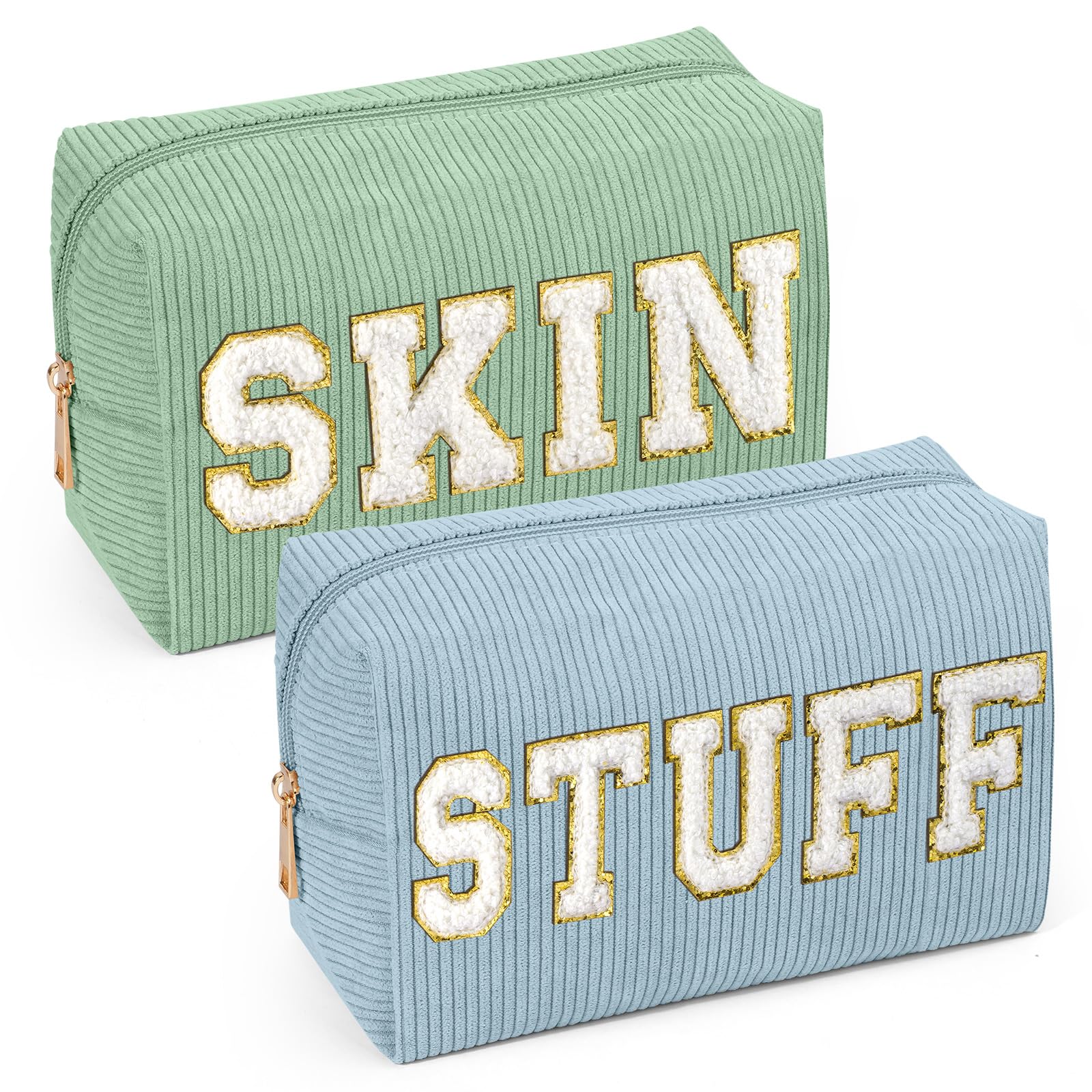 MAGEFY 2-Piece Corduroy Makeup Bag Set for Women - Small Preppy Cosmetic Pouch with Chenille Letter Patch (Green+SKIN & Blue+STUFF) | Travel Organizer, Gift for Her, Daily Essentials Storage