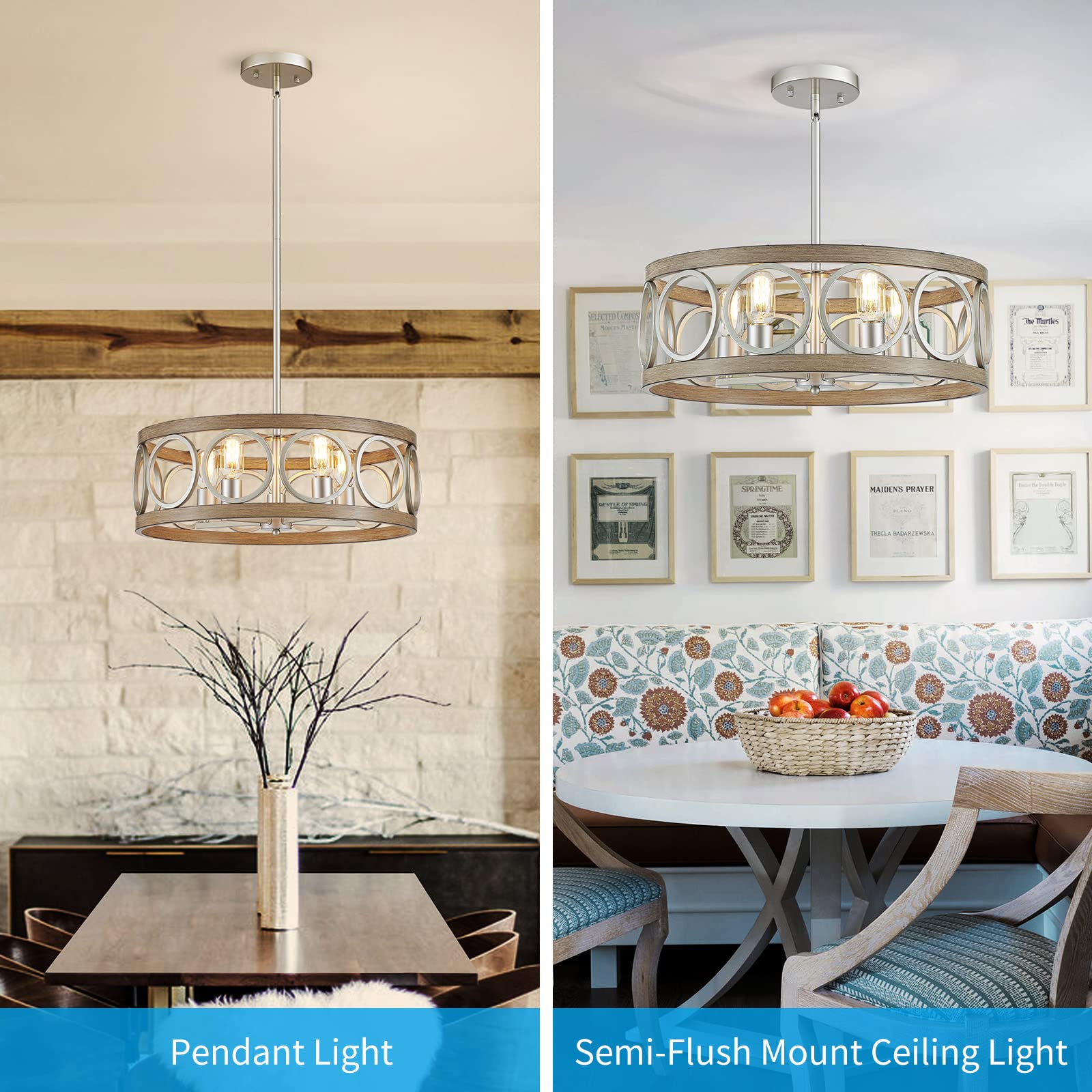 21.7'' Modern Farmhouse Chandelier - 5-Light Drum Ceiling Fixture with Antique Wood Grain & Brushed Nickel Finish - Perfect for Living Room, Dining Room, Kitchen Island or Bedroom Lighting