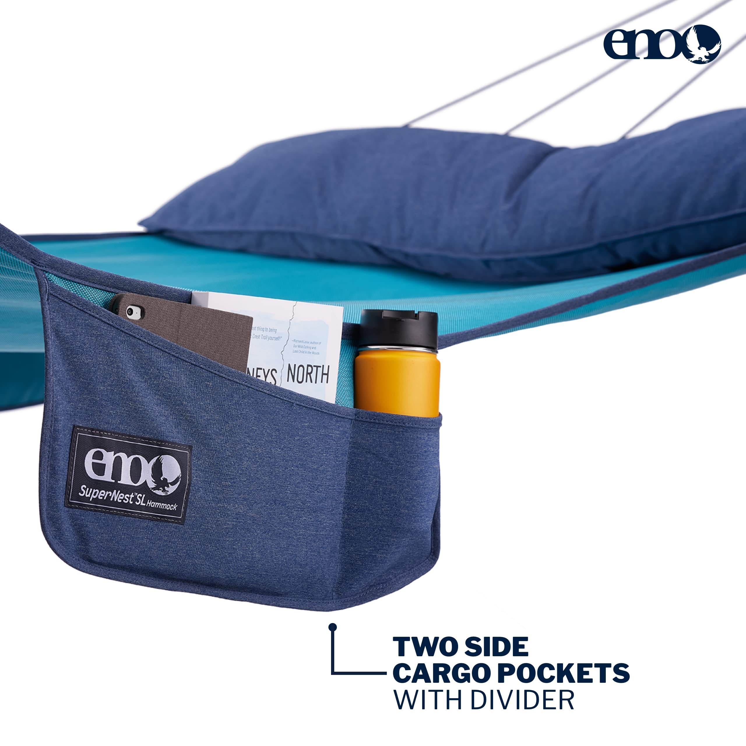 ENO SuperNest SL Hammock - 1-2 Person Outdoor Hammock for Backyard, Patio, Lawn & Balcony - Lightweight & Durable Camping Gear - Perfect for Relaxing, Reading & Napping (Coastal Blue)