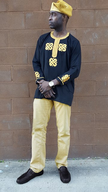Stylish Black Cotton Dashiki with Intricate Gold Embroidery DP3801M - Perfect for African Cultural Events, Weddings & Festive Celebrations