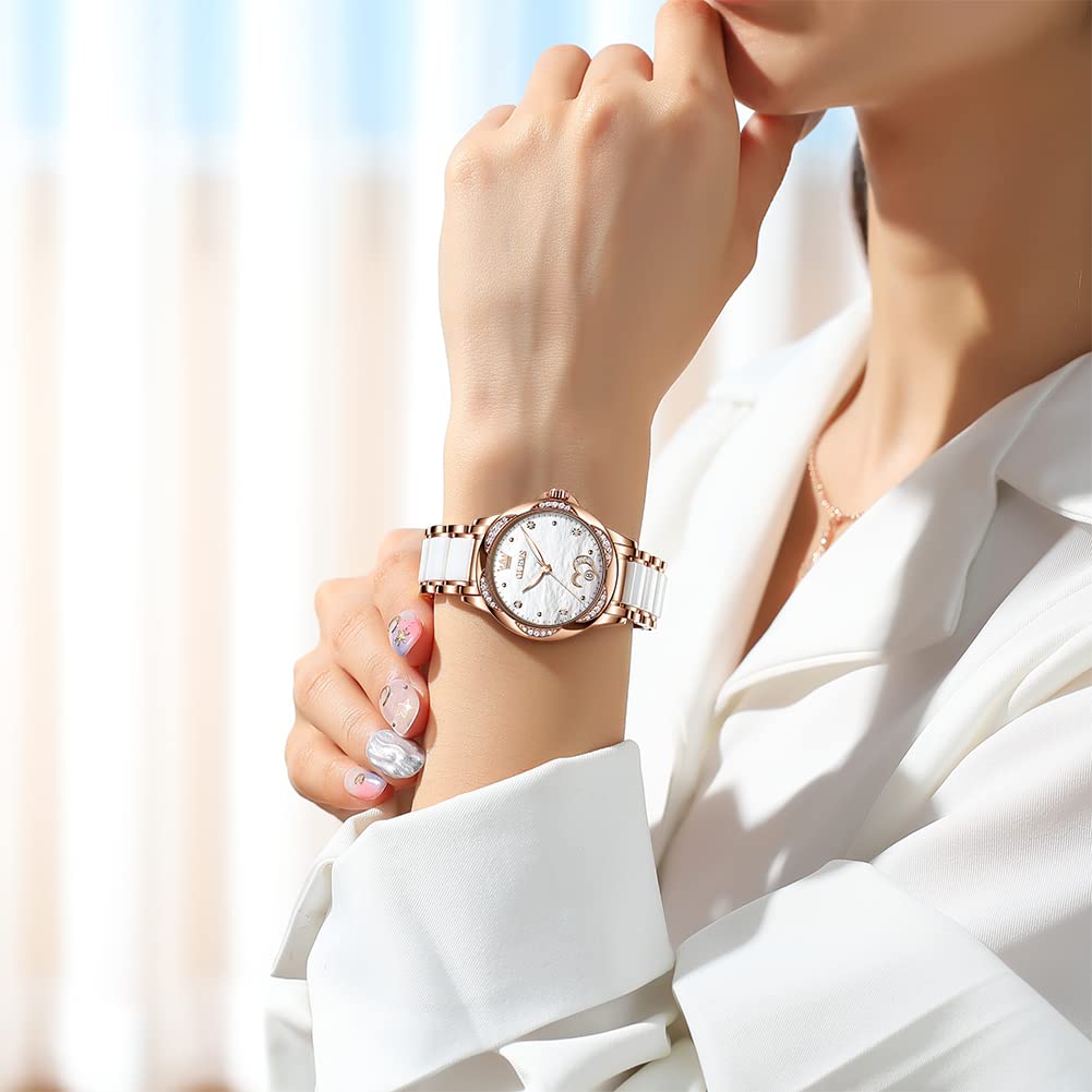 OLEVS Women's Automatic Watch - Premium Large Face Diamond Accented Self-Winding Dress Watch with Two-Tone Stainless Steel & Ceramic Bracelet, Waterproof & Fashionable - Perfect for Business, Party & Everyday Wear