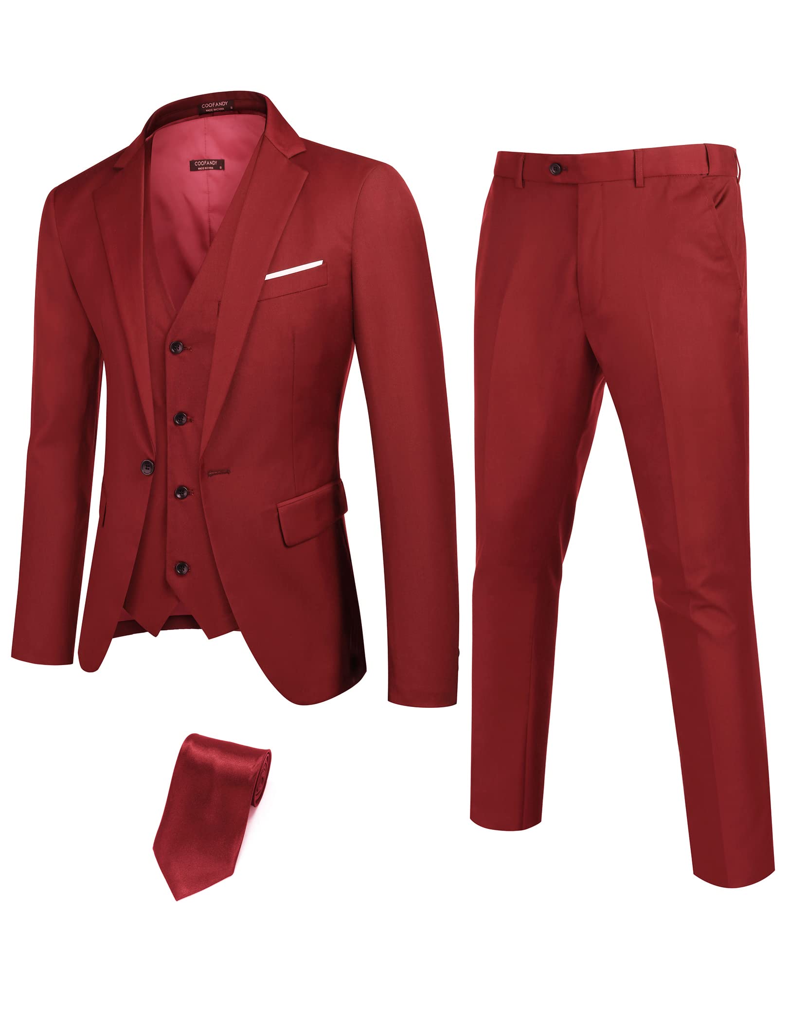 COOFANDY Men's 3-Piece Slim Fit Suit Set - Single Button Blazer Jacket, Vest & Dress Pants with Tie | Formal Business Attire for Weddings, Office & Special Occasions