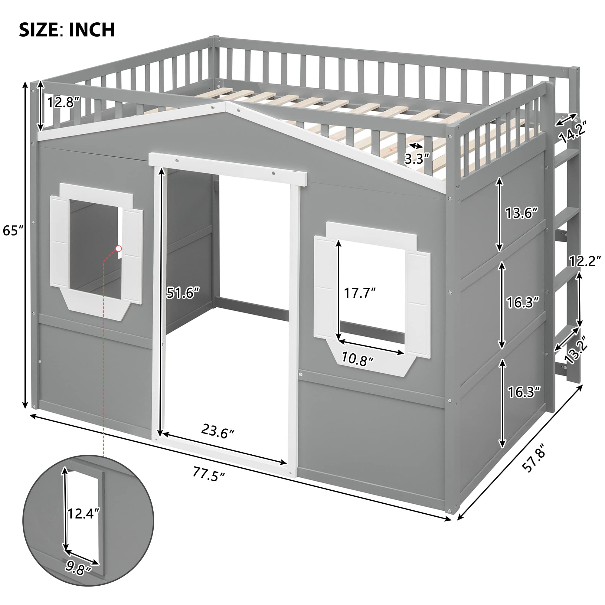 **Full Size Loft Bed with Safety Guardrail for Kids - Solid Wood Frame with Ladder & Windows - Sturdy Wood Slats Support - Space-Saving Design (Gray+White) - Perfect for Small Bedrooms, Kids' Rooms & Dormitories**