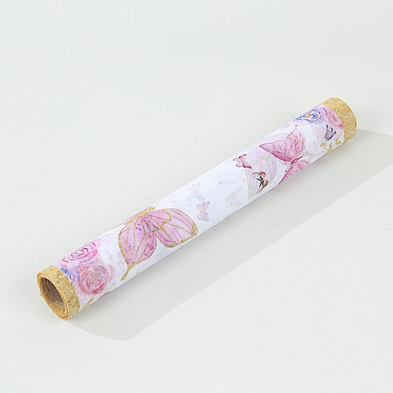 11 x 108 Inch White and Pink Non-Woven Butterfly Floral Table Runner with Gold Edges - Perfect for Wedding, Party, and Home Decor