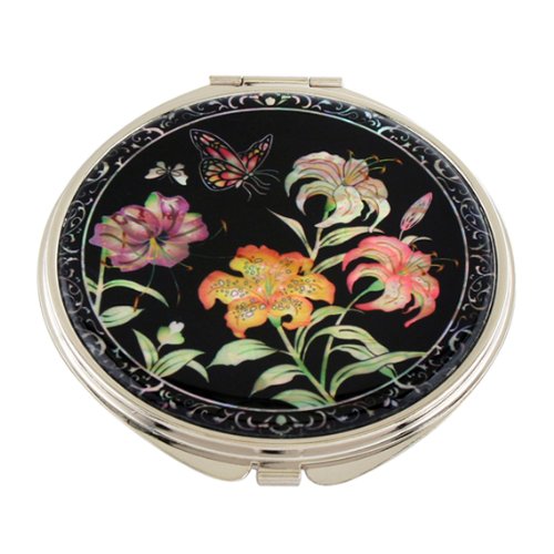 Pearlized Double-Sided 2X/1X Magnifying Compact Mirror - Portable Travel Makeup Mirror with Metal Case, Perfect for Purse & Cosmetic Bag - Ideal Gift for Women, Mom, Brides (Trumpet Lily Design) - Great for Travel, Home Vanity & Touch-Ups