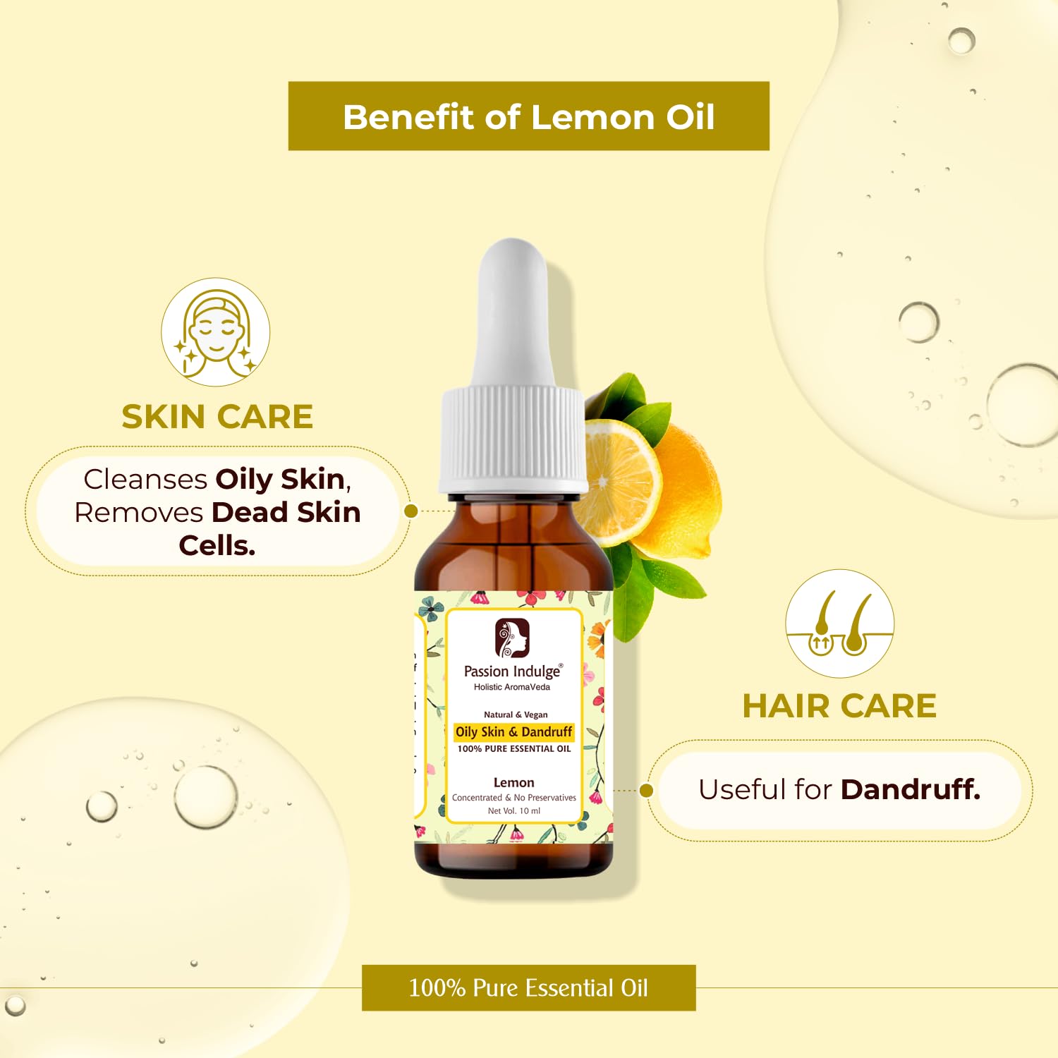 Passion Indulge 100% Pure Lemon Essential Oil for Acne & Pimple Treatment - Oily Skin Care, Dry Hair & Dandruff Solution - 10ml Natural Aromatherapy Oil for Diffusers, Massage & DIY Beauty