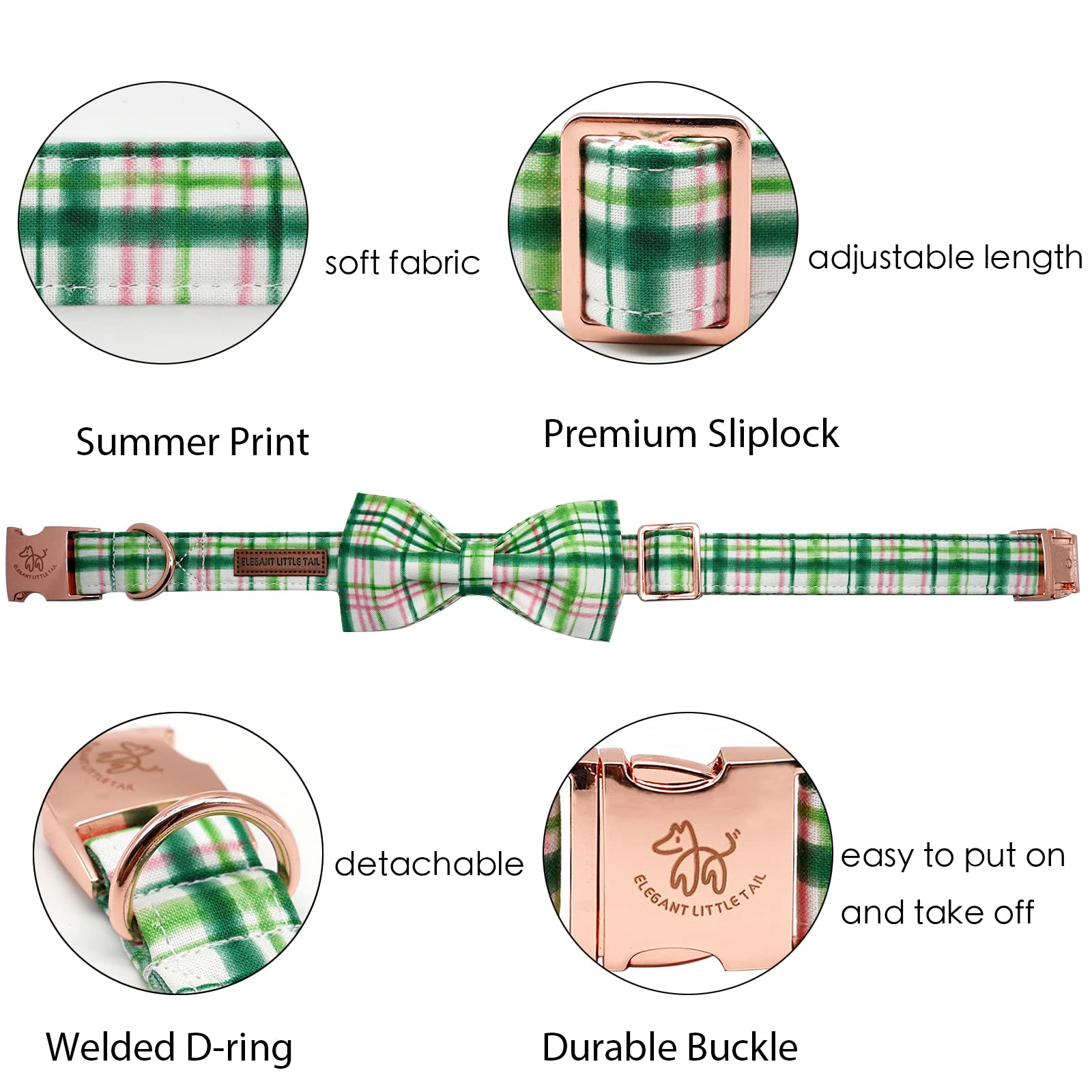 Elegant Bow Dog Collar with Adjustable Pink & Green Plaid Design - Cute Pet Collar for Small, Medium & Large Dogs | Perfect for Daily Walks, Pet Photos & Special Occasions