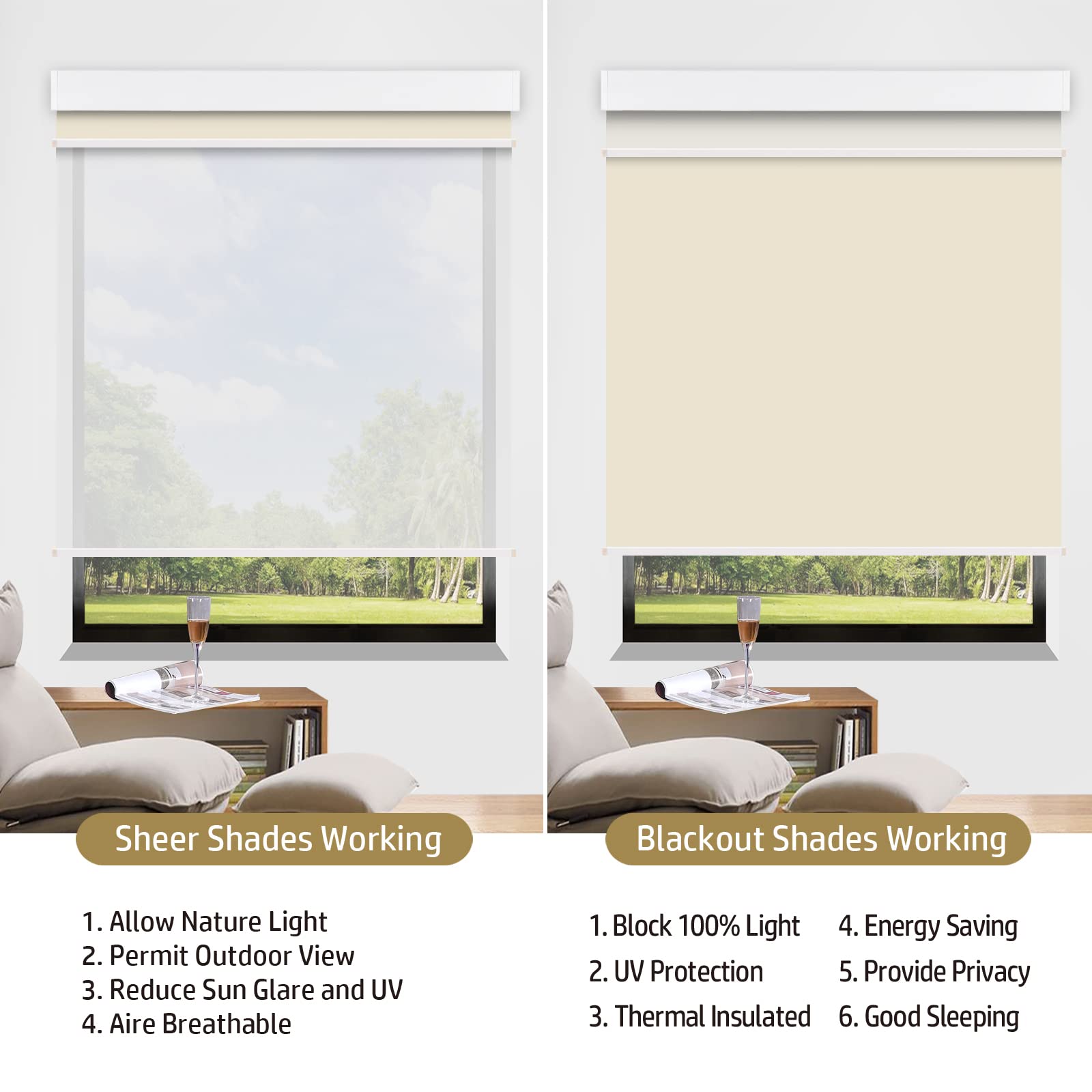 SUAKY Dual Window Blinds Roller Shades - Beige Blackout & Light Filtering Shades with Valance for Day & Night Use - Perfect for Living Room, Bedroom & Home Office Privacy