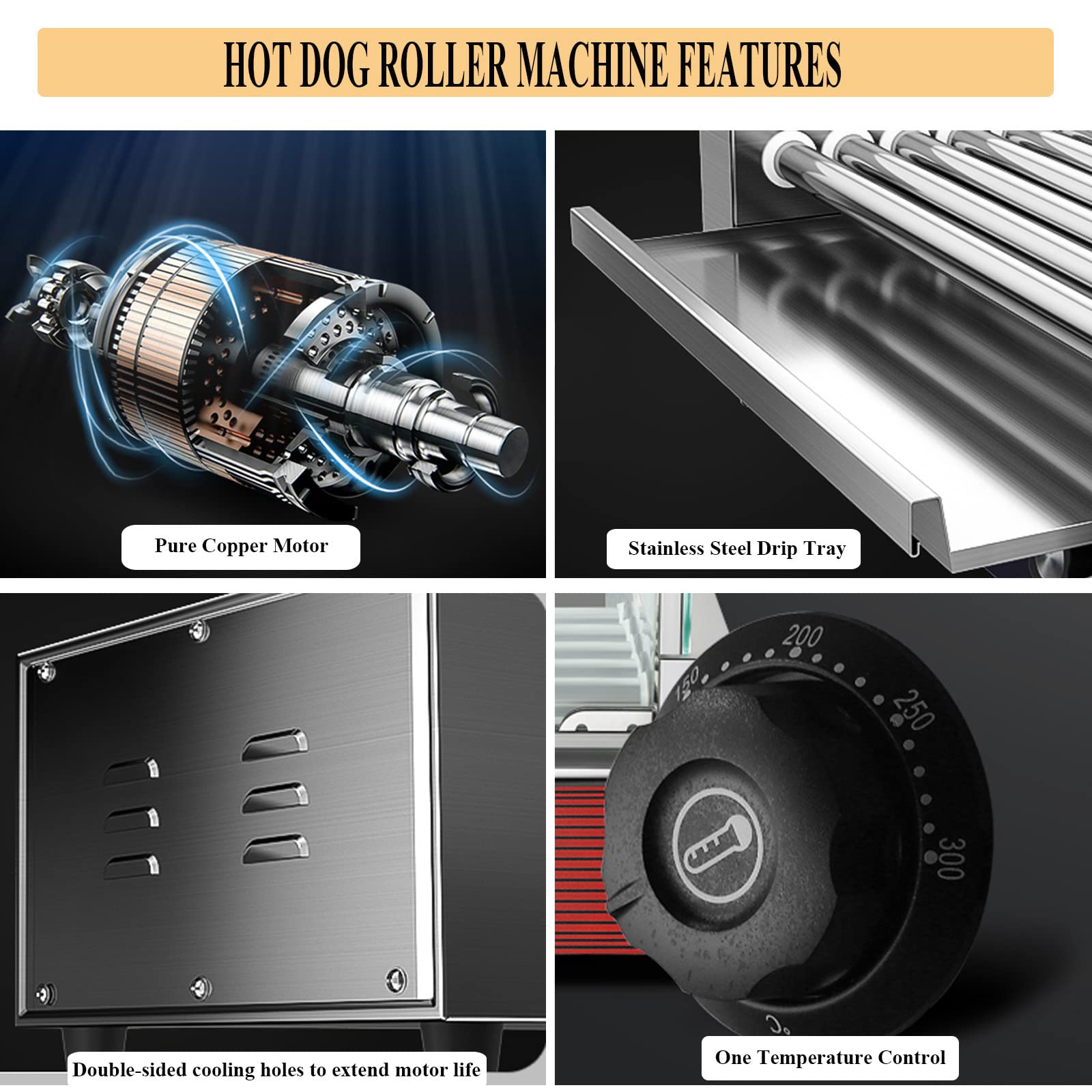 Commercial Electric Hot Dog Roller Machine - 5 Stainless Steel Rollers, 750W Non-Stick Heating for 16 Hot Dogs | Perfect for Restaurants, Carnivals & Home Parties | Fast Food Preparation & Snack Serving Solution