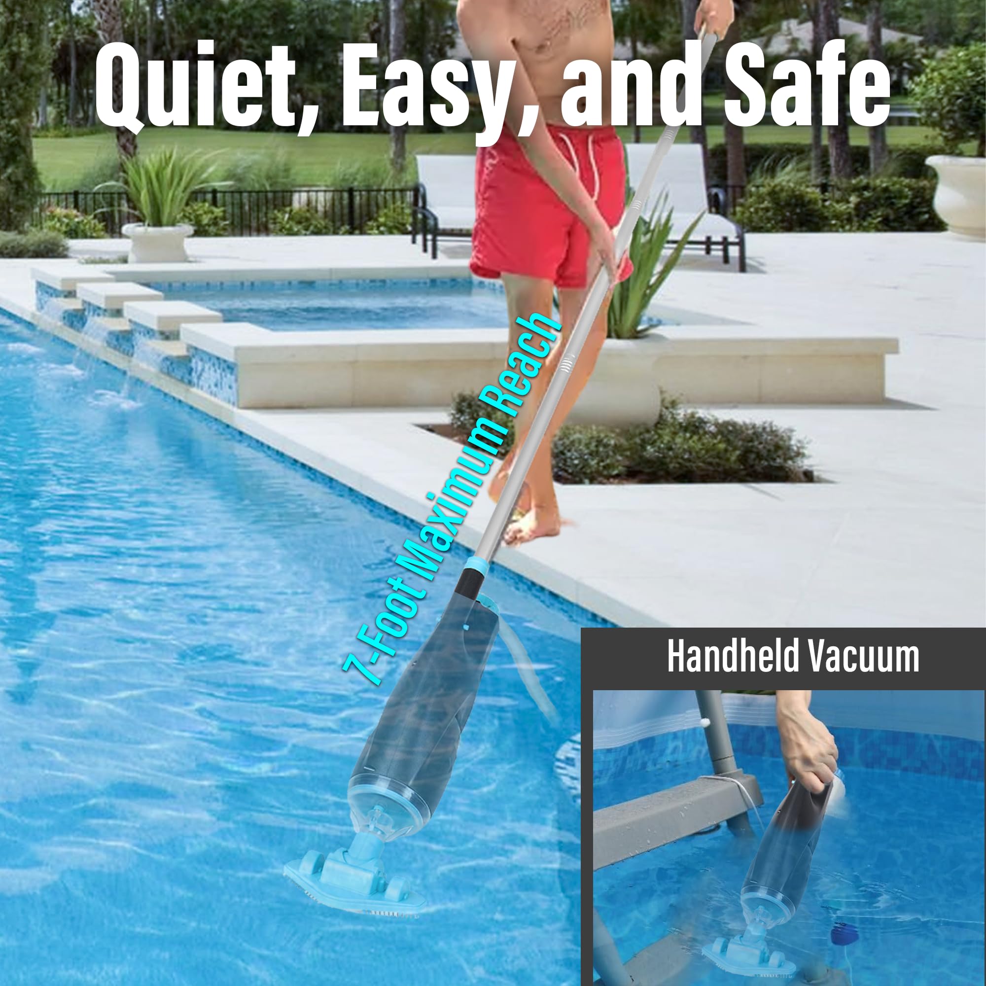 Rechargeable Cordless Pool Vacuum - Adjustable Pole & Brush Heads for Above-Ground Pools & Spas