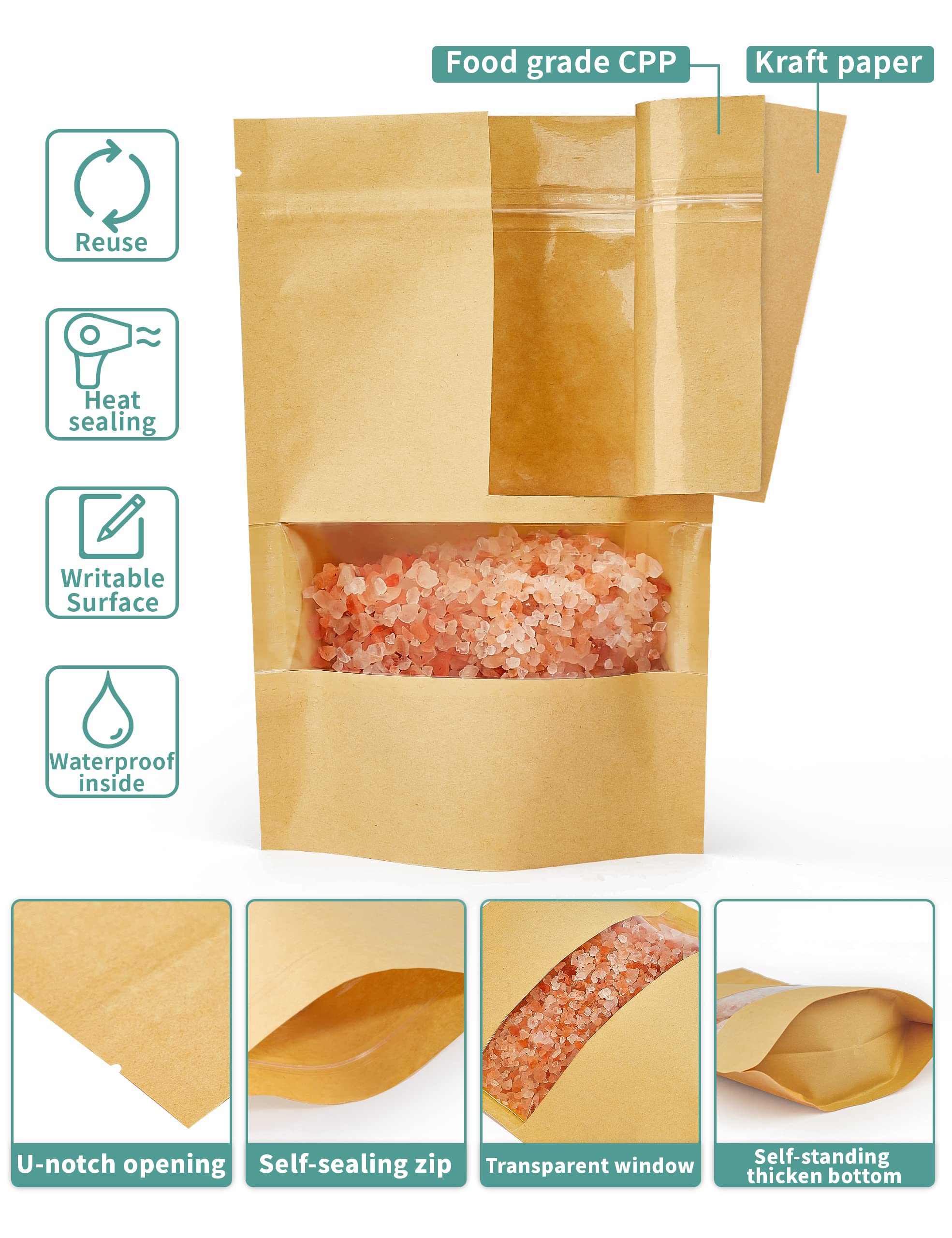 FireKylin 100 Pcs Kraft Paper Bags with Window, 3.5