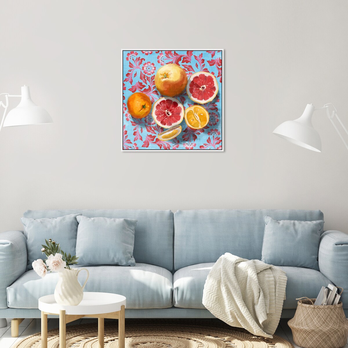 Tropical Citrus Still Life Blue Framed Canvas Wall Art Print - Sour Fruit Kitchen Decor for Cabin & Lodge - Perfect for Farmhouse, Dining Room & Country Style Homes