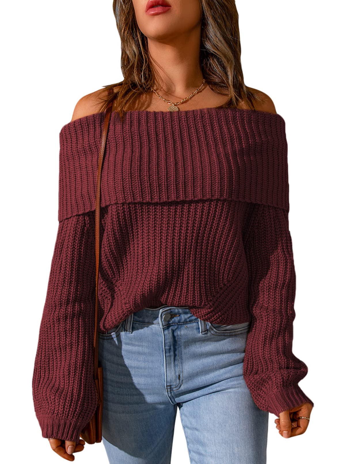 Women's Ribbed Knit Pullover - Off Shoulder & Cowl Neck for Casual Wear