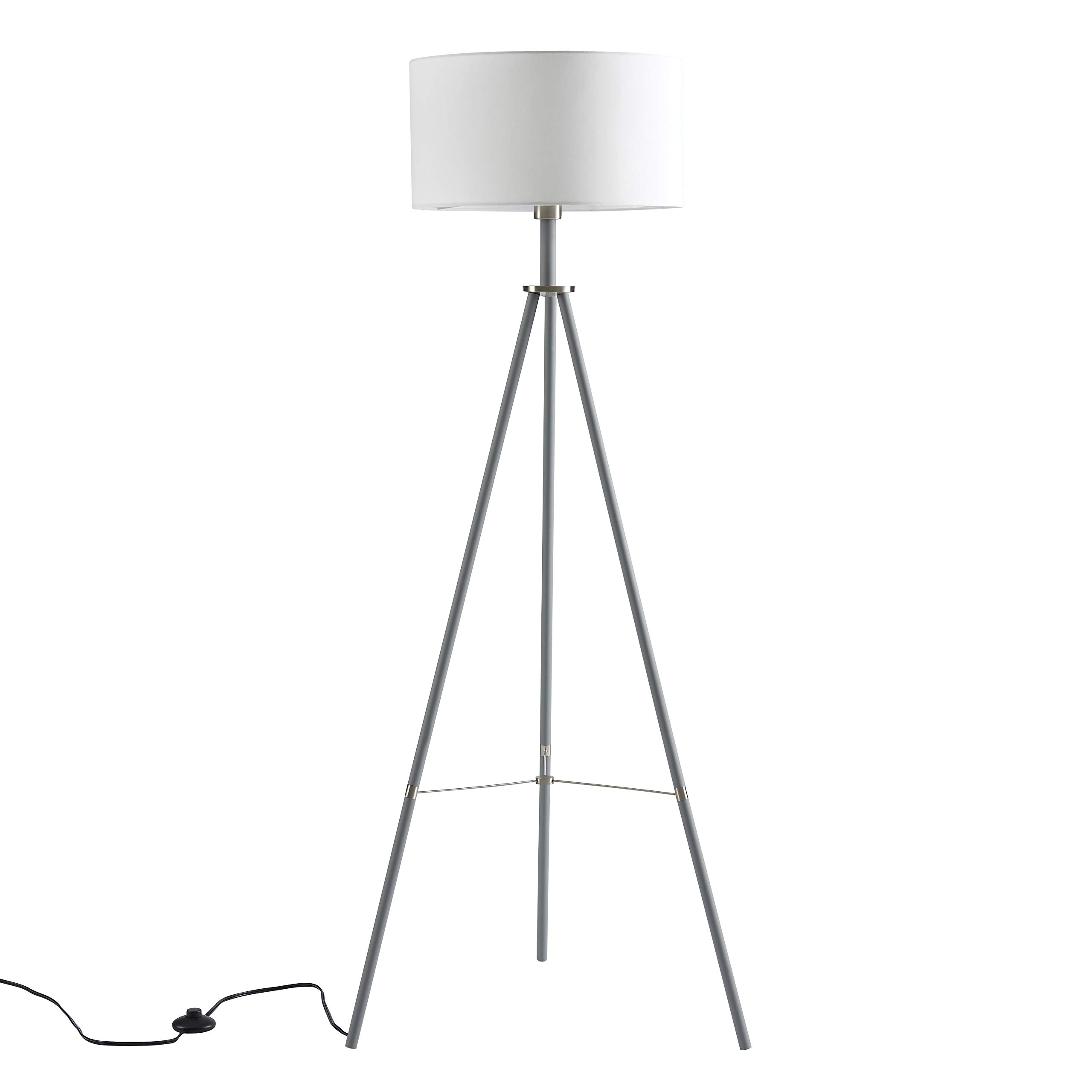 Ambiore Tripod Floor Lamp with LED Bulb - Mid-Century Modern Standing Lamp for Living Room, Bedroom & Office - Contemporary Gray Metal Base with Brushed Nickel Finish & White Fabric Shade - Perfect for Reading, Relaxing & Ambient Lighting
