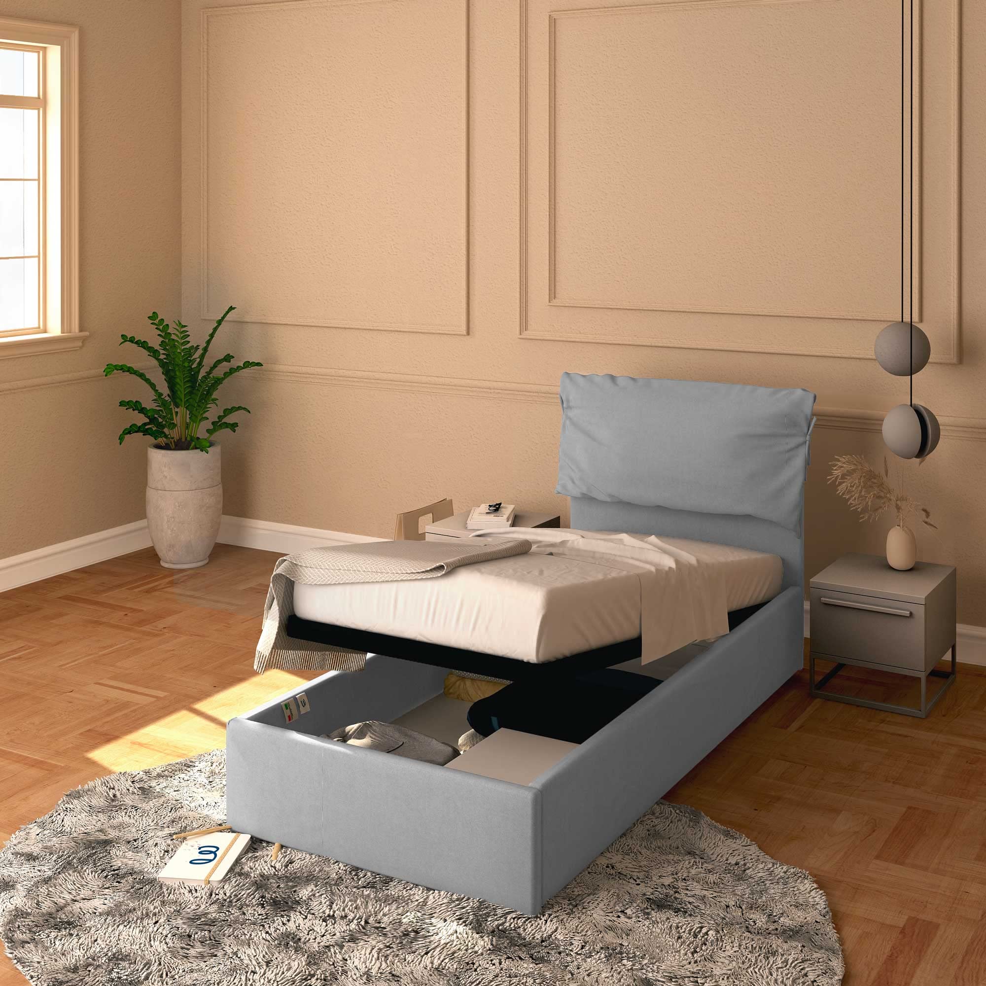 Baldiflex Licia Soft Single Bed with Storage - Synthetic Leather Upholstery, Slatted Base for Single Mattress, 80 x 200 cm, Extra Padded Headboard, Light Gray - Perfect for Small Bedrooms, Guest Rooms & Studio Apartments